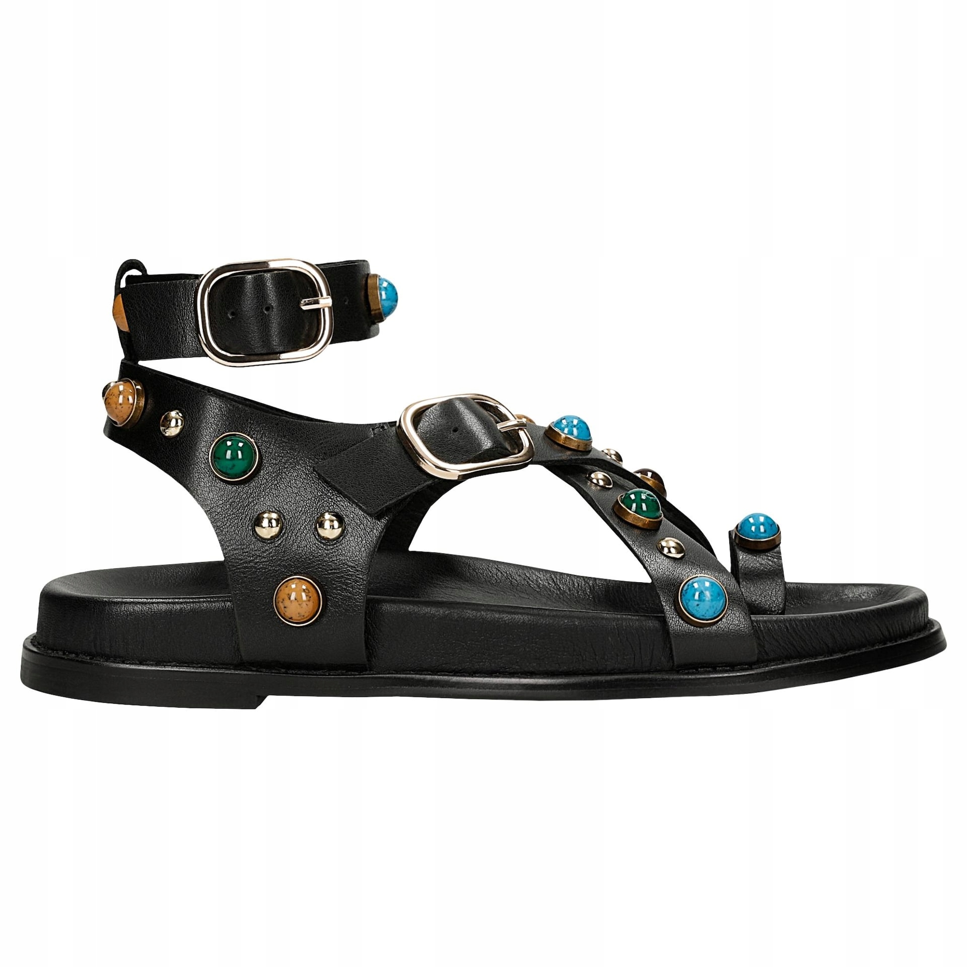 Czarne skórzane sandały z kolorowymi ozdobami r. 37