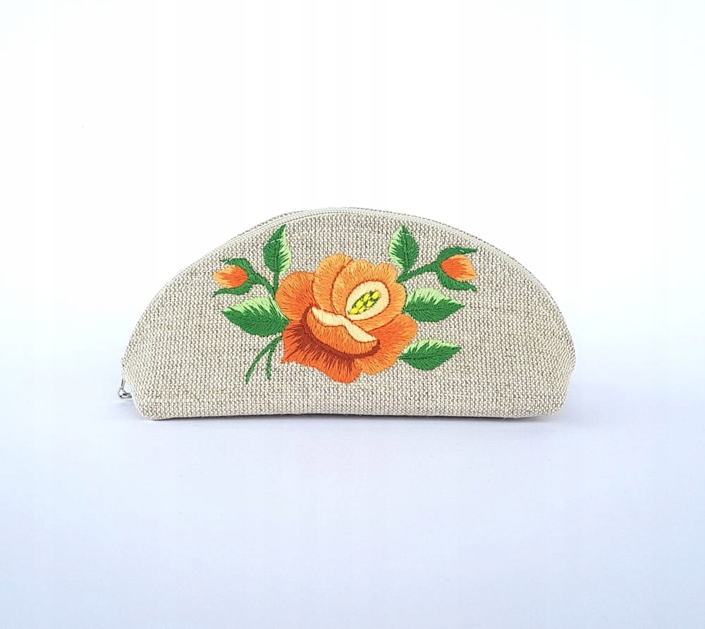 Malá Lněná Kosmetická Taška Folk Rybářská Výšivka Oranžová Růže Ruční Práce