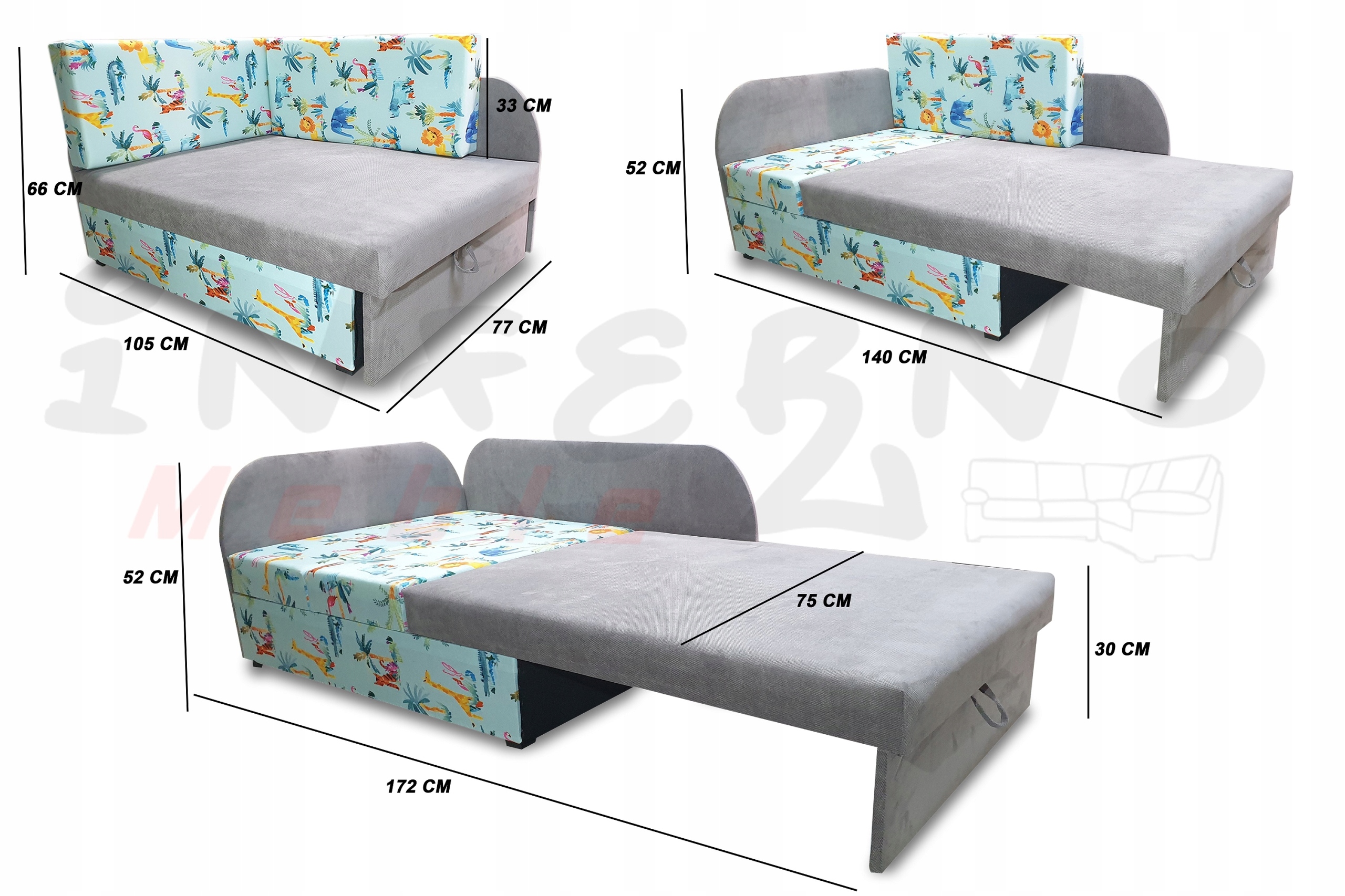 Łóżko dla dzieci, sofa rozkładana, narożnik KUBUŚ Szerokość mebla 77 cm
