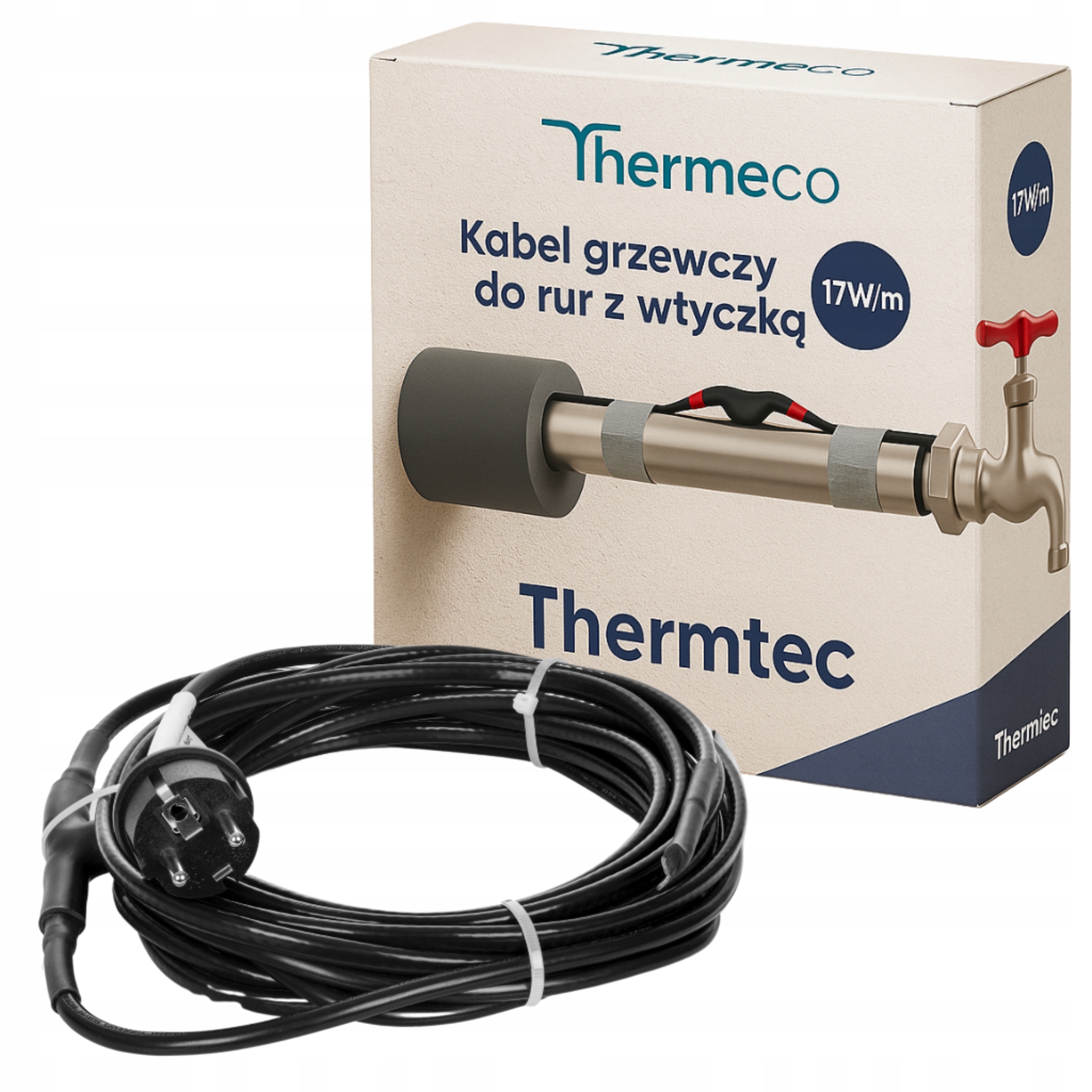 Kabel grzewczy przewód grzejny z termostatem do rur lub rynny 17W/m 49m