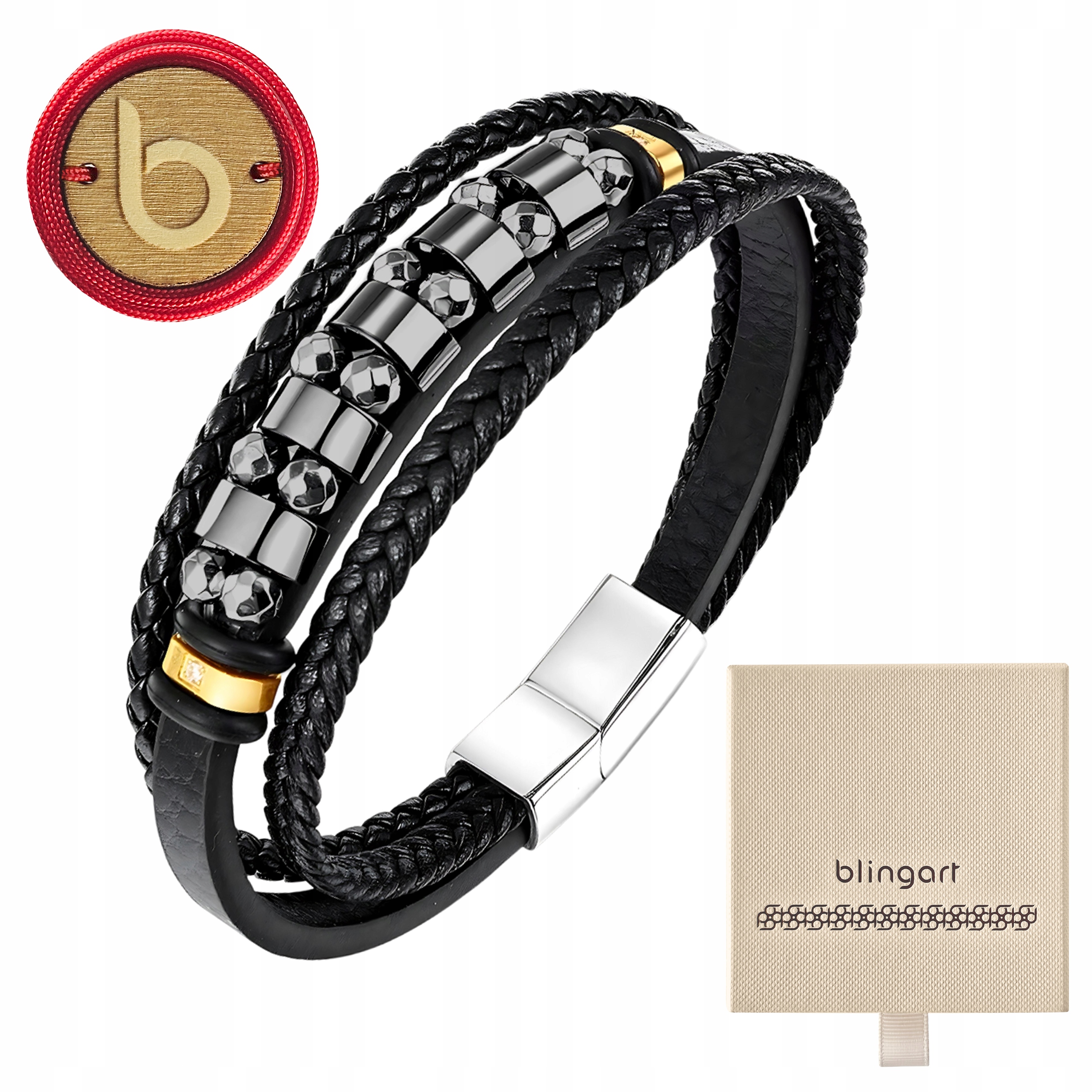 Pánský náramek kožený černý z přírodních kamenů Hematit Blingart