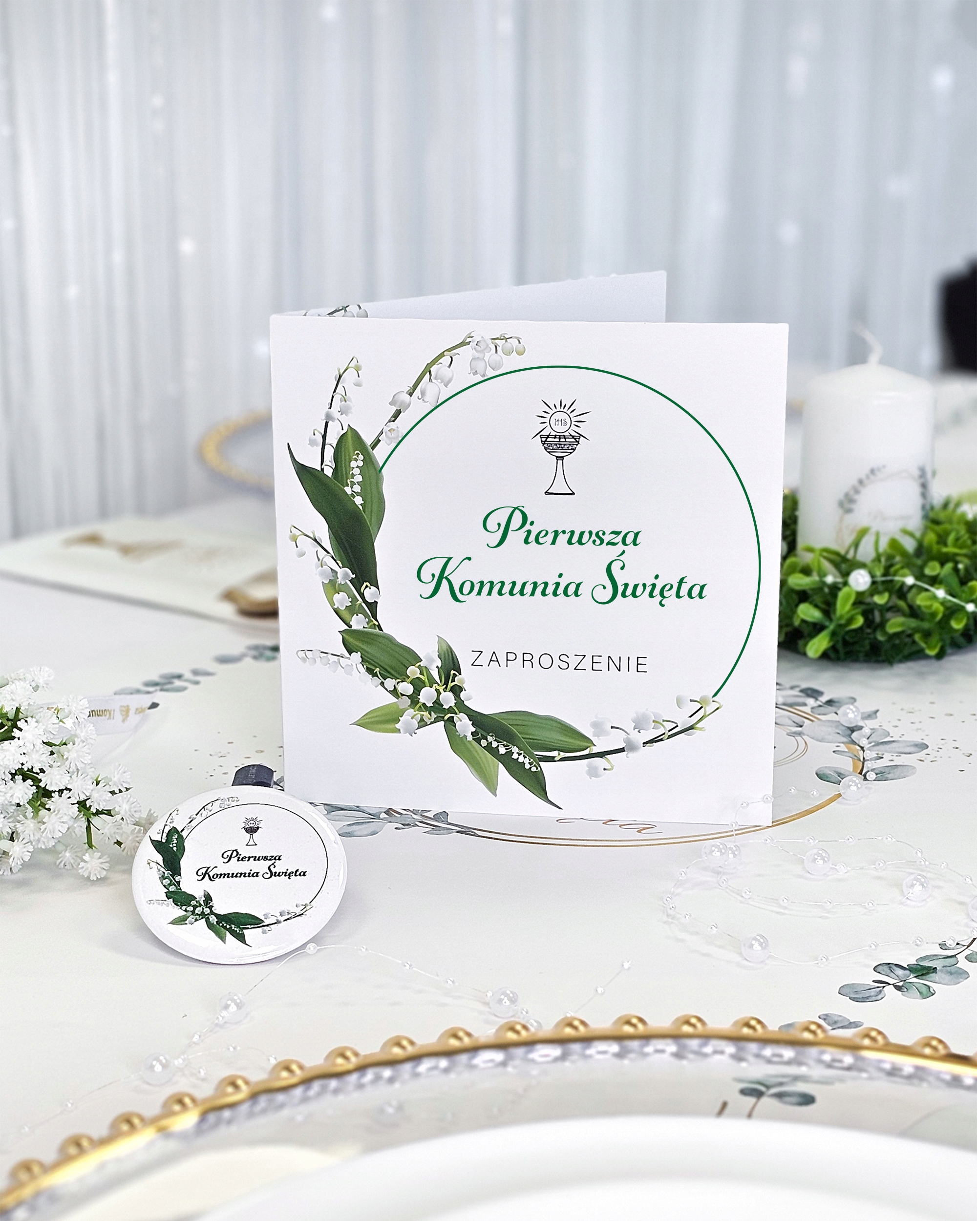 ZAPROSZENIE Komunijne KOPERTA na I Komunię Świętą Komunia Konawalie Liście Wysokość produktu 15 cm