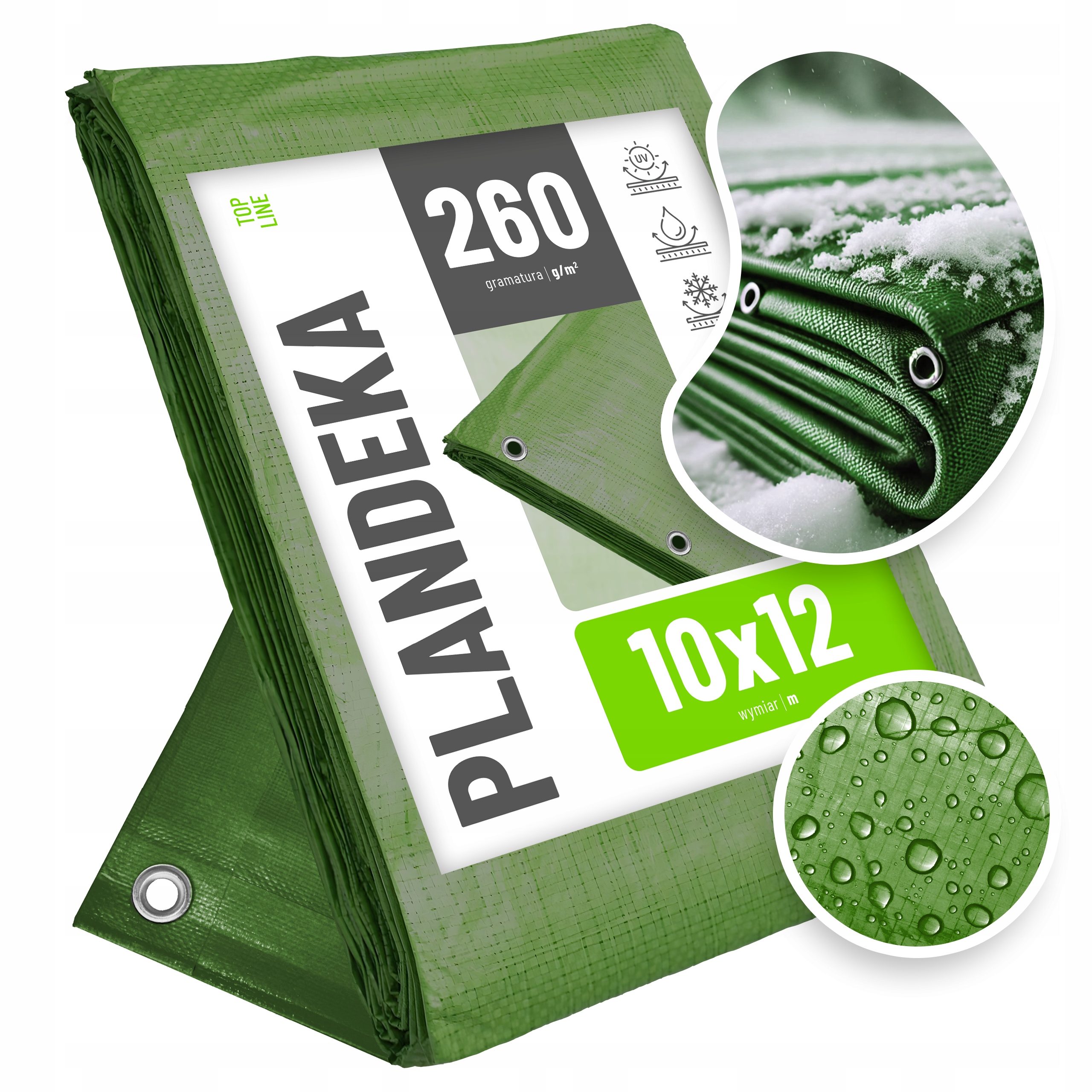 Plandeka Gruba Mocna Wodoodporna 10x12 Zielona Płachta Mrozoodporna Uv 260g