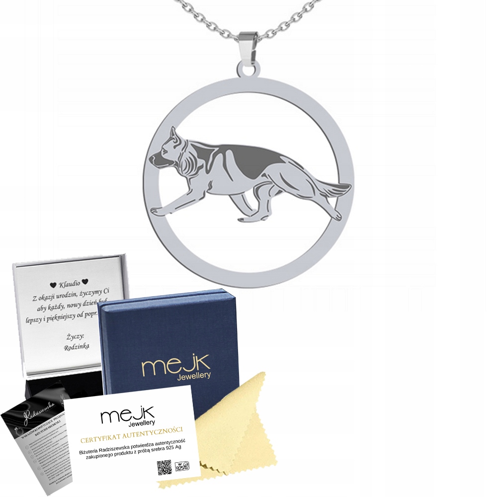 Stříbrný náhrdelník Německý ovčák 925 Šperky Řetízek Gravírování Bonus