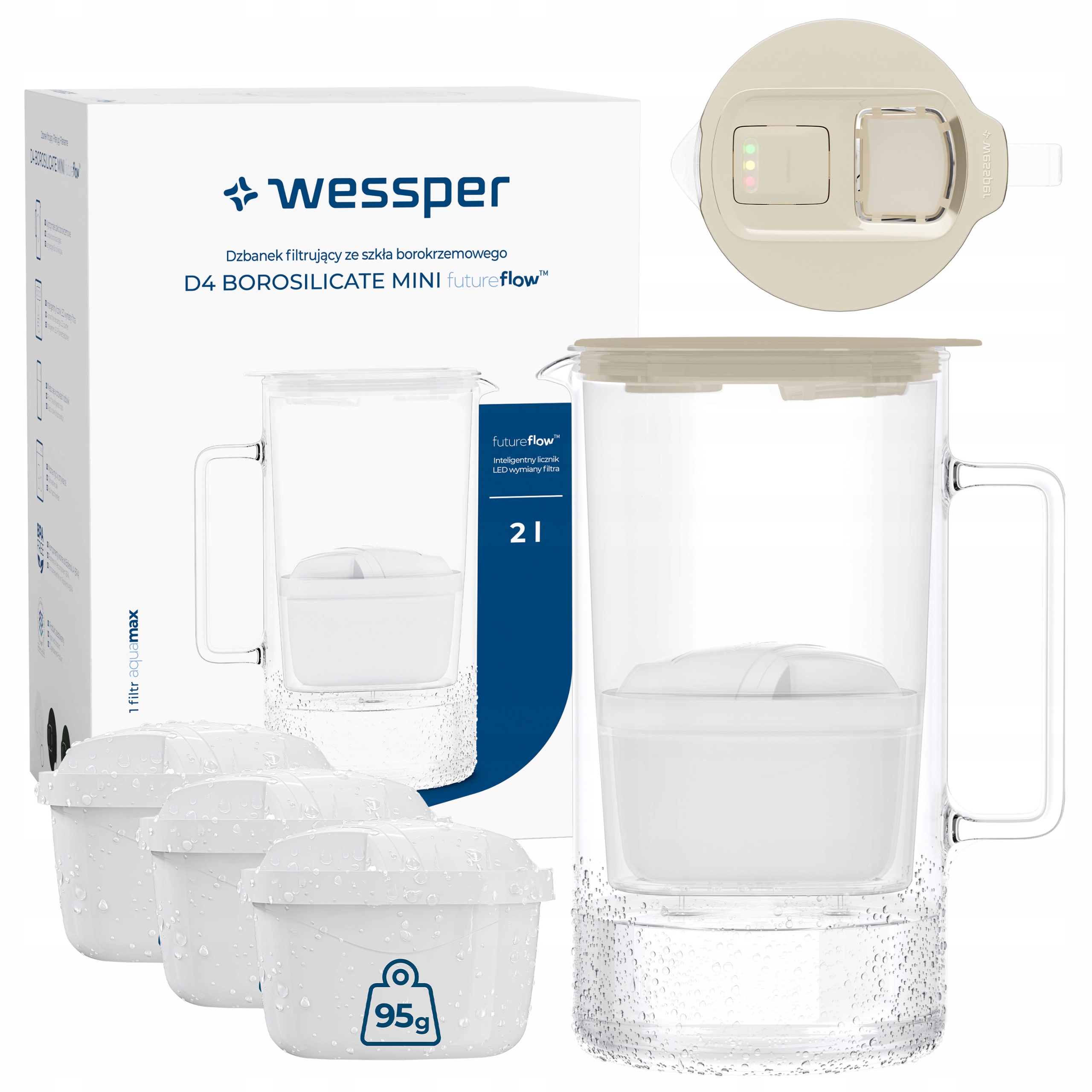 Szklany dzbanek filtrujący Wessper D4 Borosilicate Mini Ff 2l 4x filtr