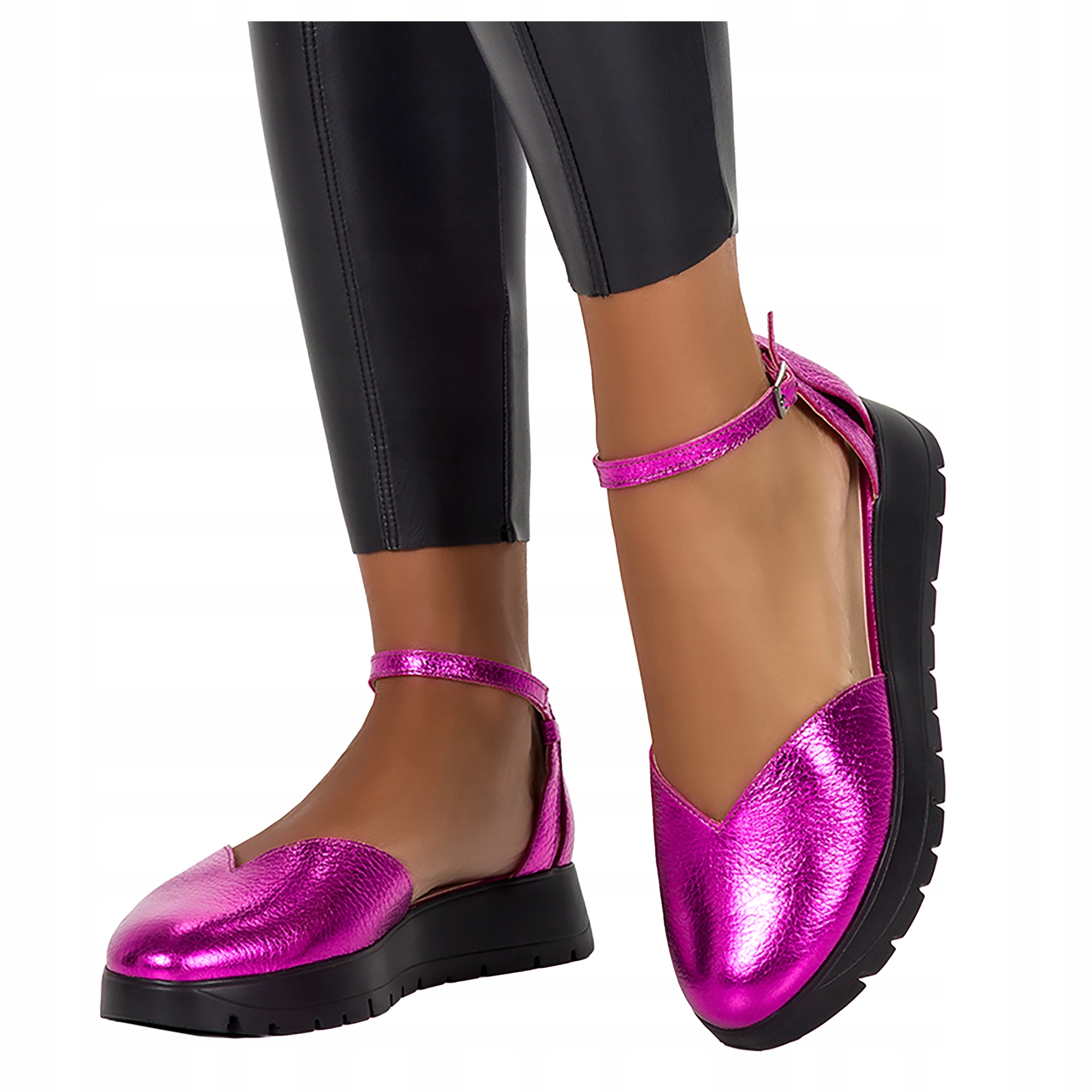 Fuchsiové kožené dámské Sandály na platformě, pohodlné, Polský výrobek, velikost 37