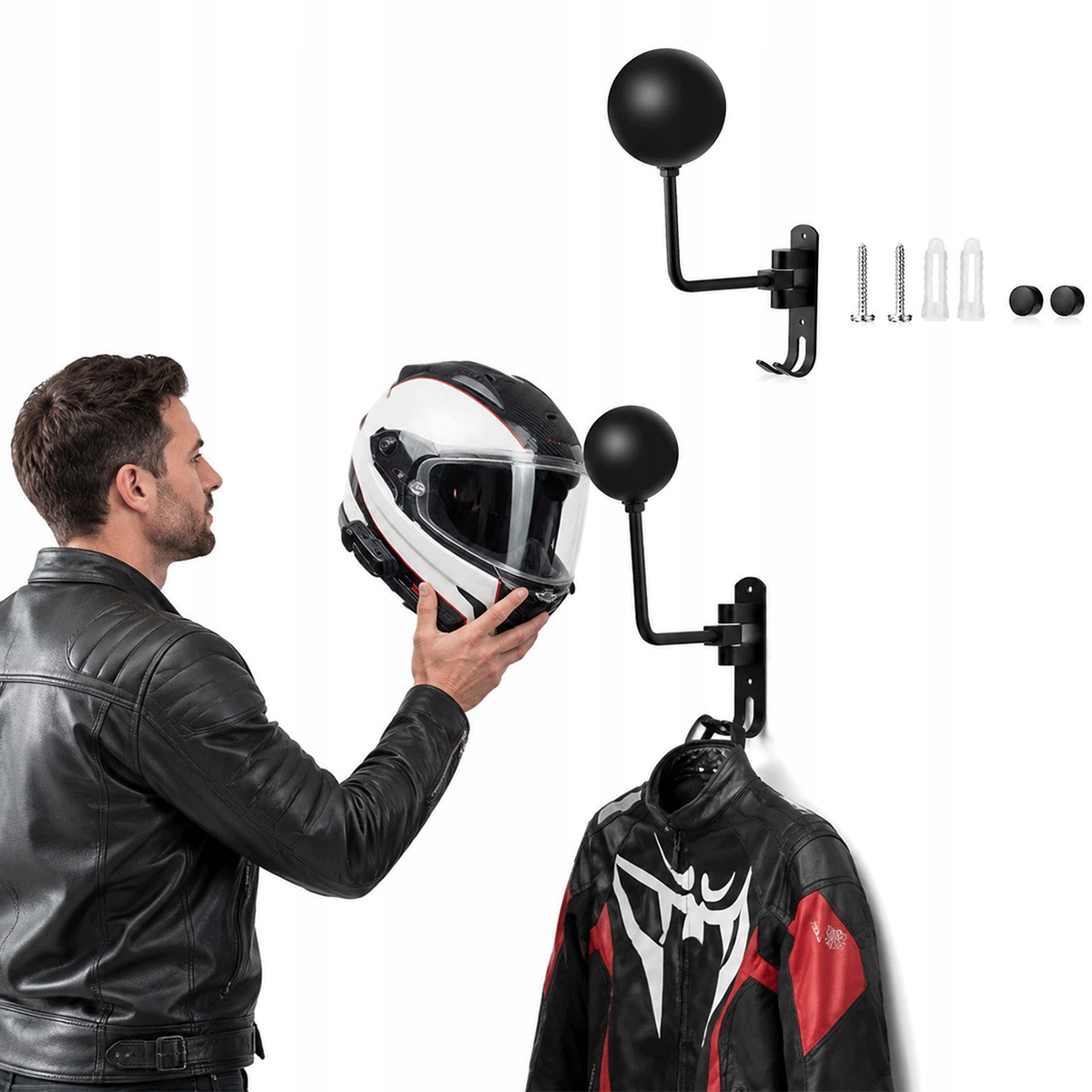 Uchwyt Stojak Do Montażu Na Ścianie Na Kask Motocyklowy Z Hakiem Na Kurtkę