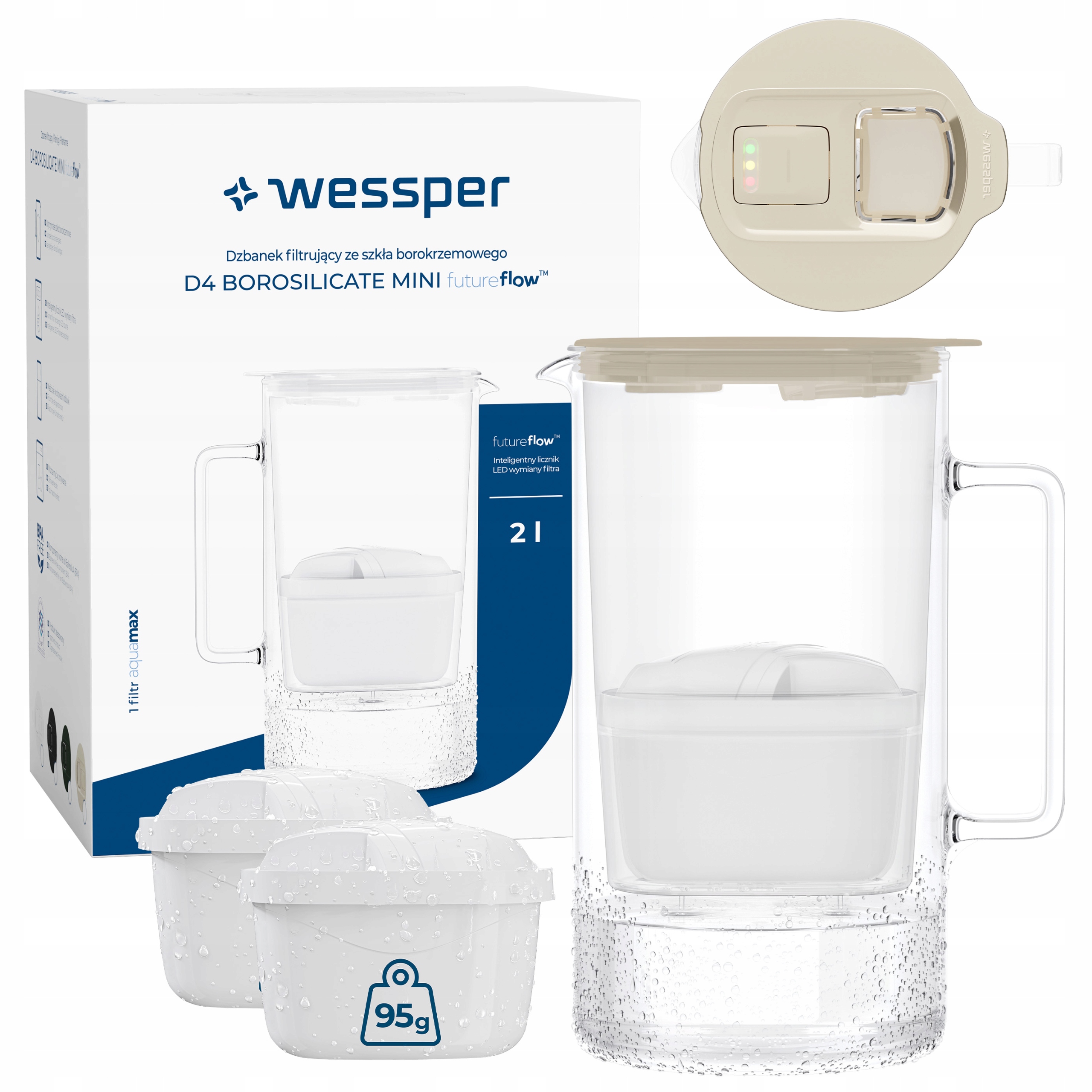 Szklany dzbanek filtrujący Wessper D4 Borosilicate Mini licznik 3x filtr
