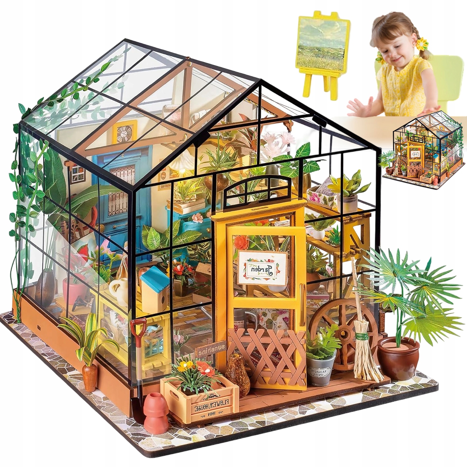 Miniaturowy Domek Diy Puzzle 3D Szklarnia Drewna Model Led