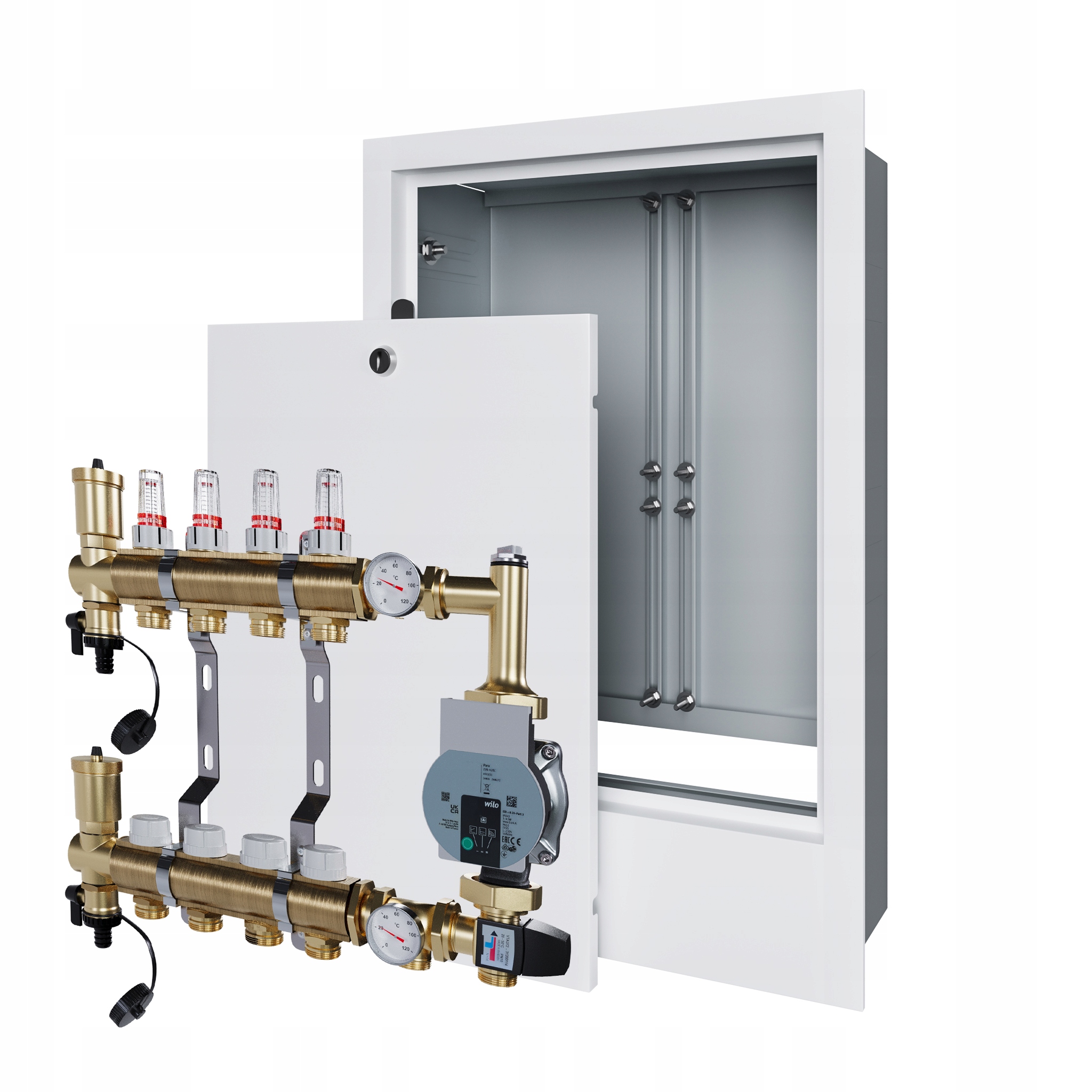 Rozdělovač pro podlahovku 4 s čerpací skupinou Wilo a podomítkovou schránkou