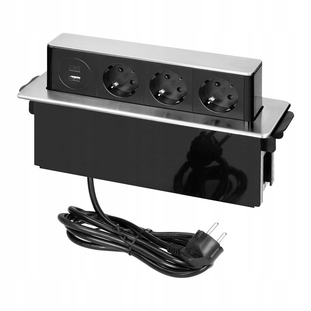 Výsuvná zásuvka z desky, 2 m, 3x2P+Z (Schuko), 2 x Usb, Inox