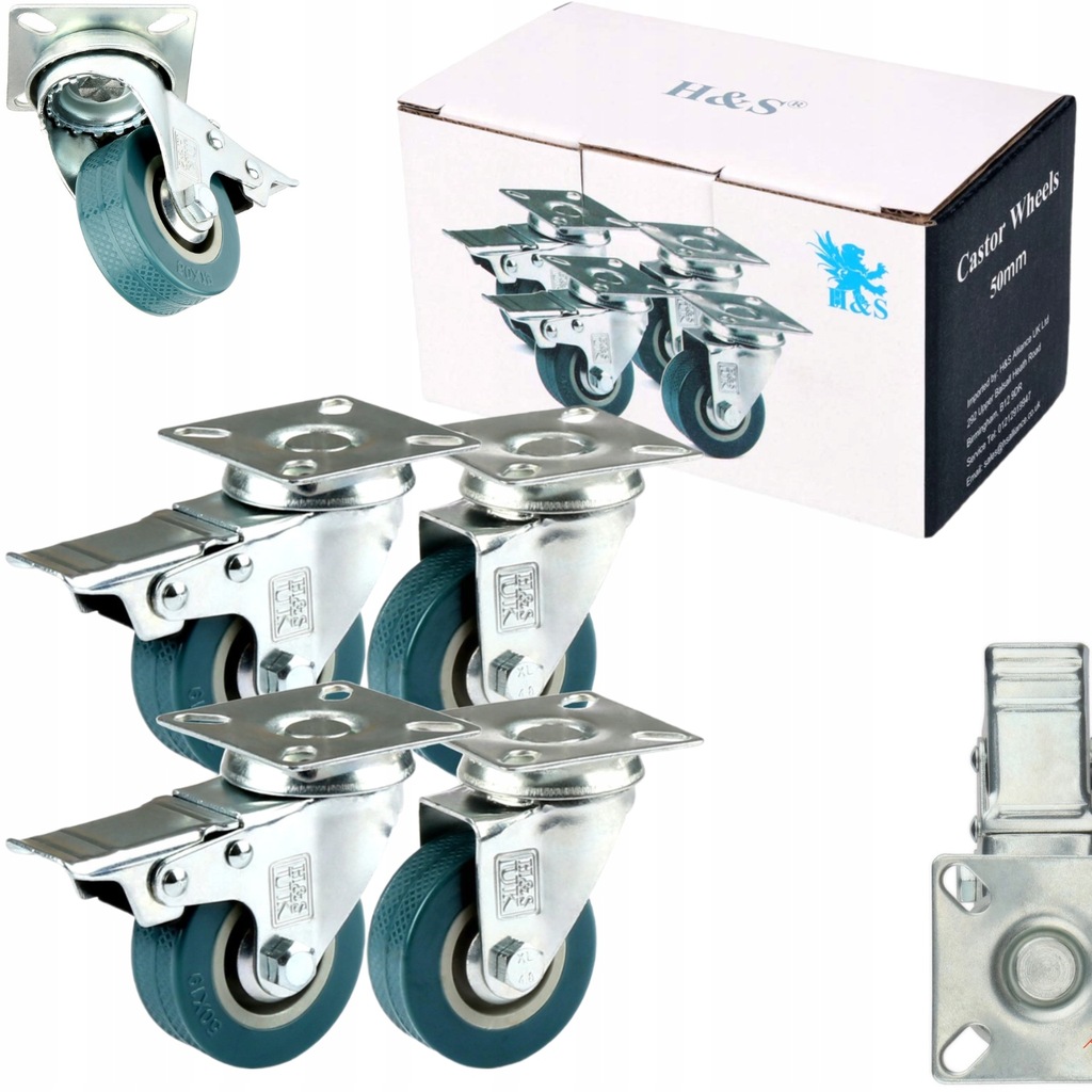 4x KÓŁKA UNIWERSALNE 50MM OBROTOWE Z HAMULCAMI DO TRANSPORTU PRZEMYSŁOWE