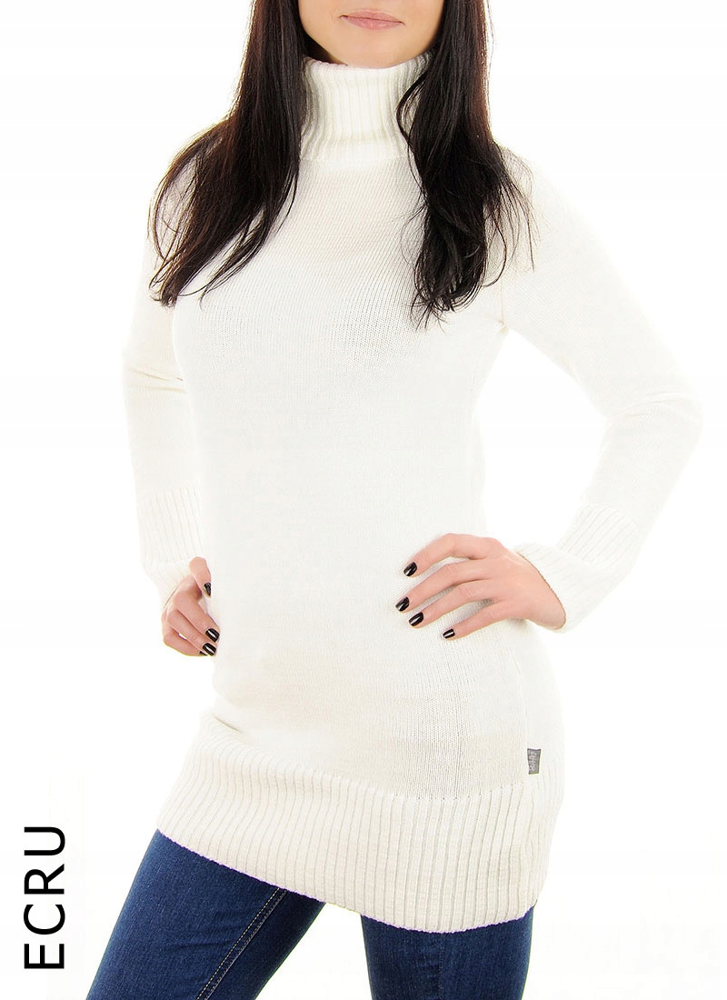 DŁUGI CIEPŁY SWETER DAMSKI GOLF POLSKI ECRU L XL Model 021