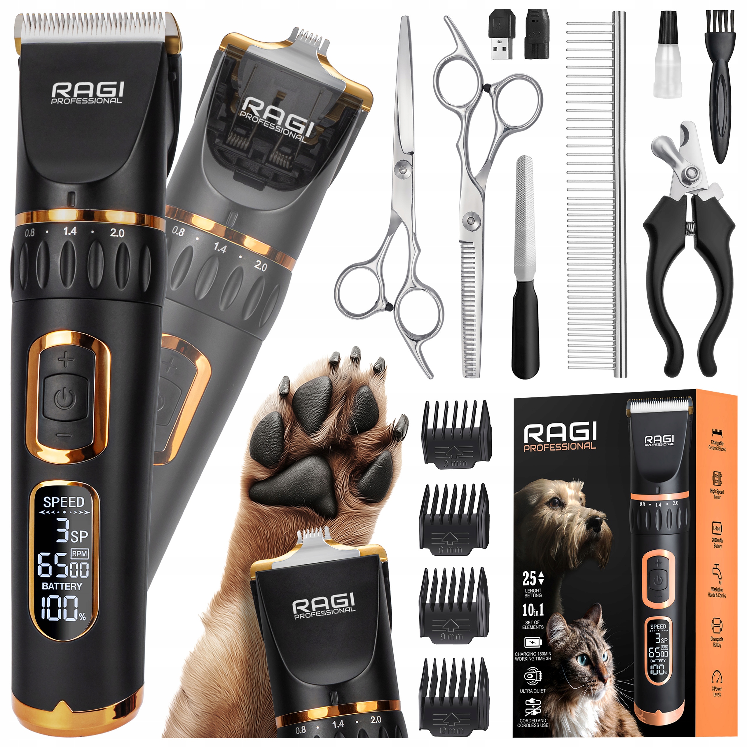 Profesionální zastřihovač psů Tichý zastřihovač pro psy Ragi 12v1