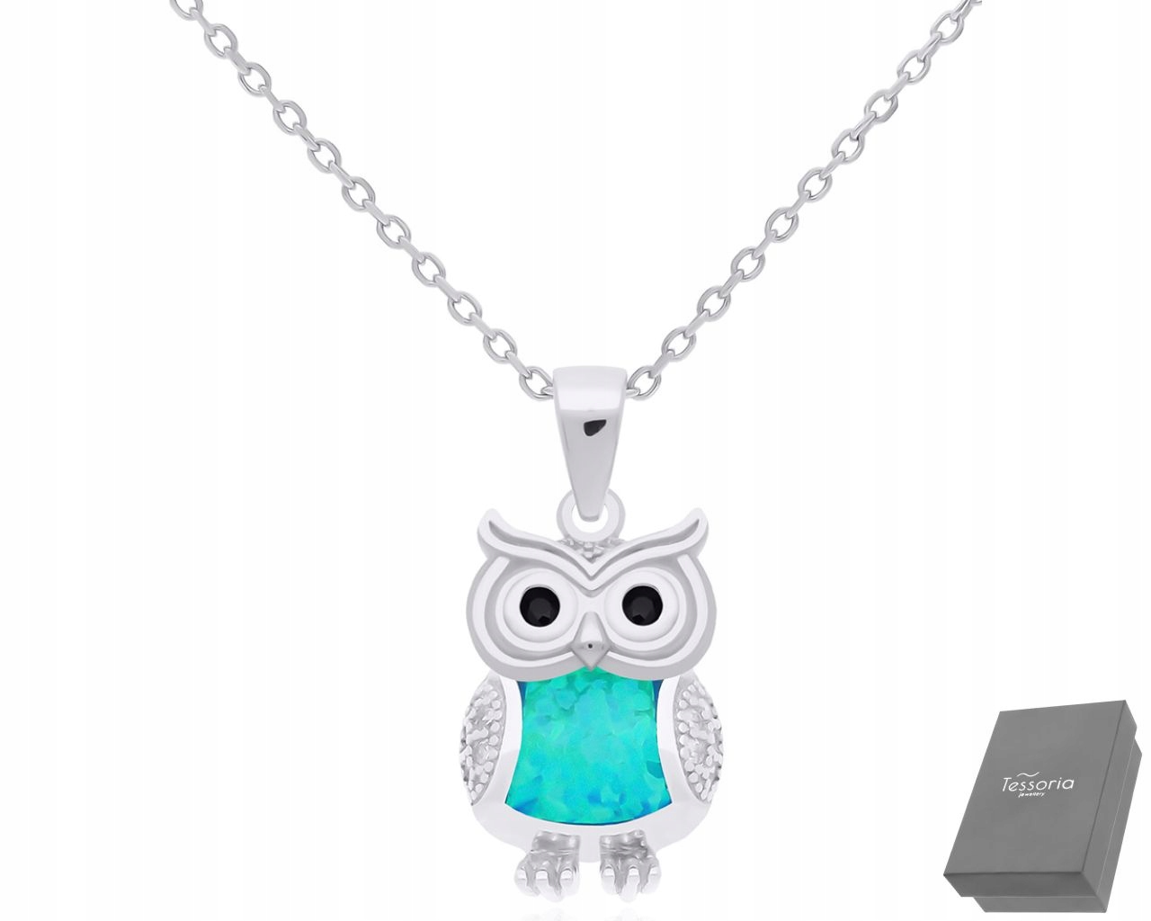 Stříbrný Dámský Náhrdelník Sova Opal Modrý Zirkony 925, délka 55 cm