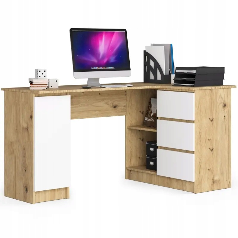 

Biurko narożne B20 155cm prawe dąb artisan-białe