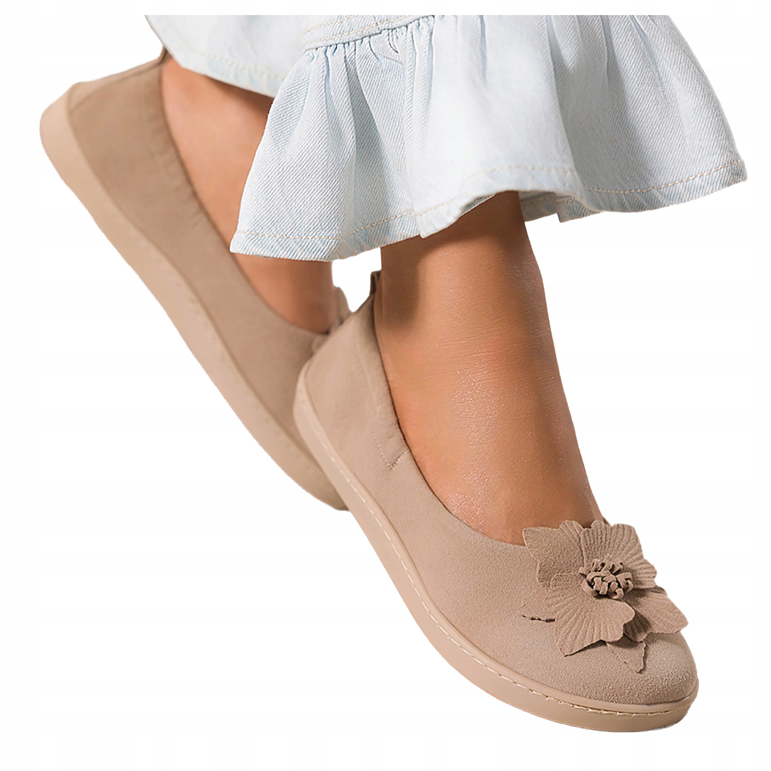 Dámské Baleríny Béžové Kožené Semišové S Kvítkem Široké Barefoot vel. 40