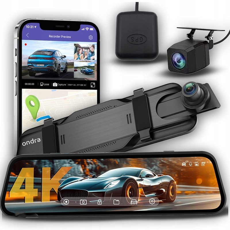 Videorekordér 4K Kamera Automobilová V Zrcátku Dotykový Displej 9,66" Gps