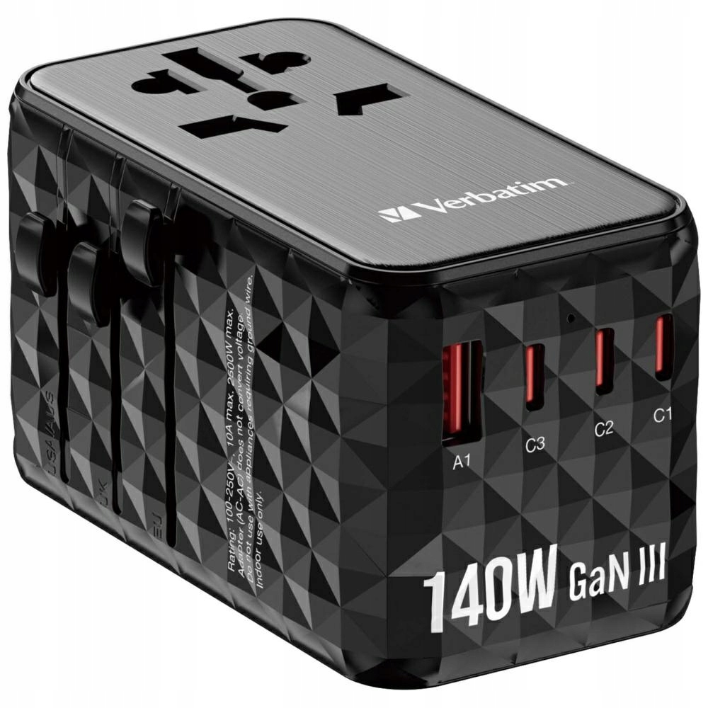 Verbatim cestovní adaptér Eu/uk/us GaNUSB-A/3xUSB-C Pd 140W UTA-10 černý/b