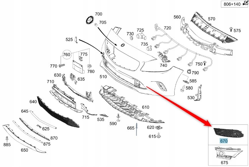 Mřížka Předního Nárazníku Mercedes Třída A W1176 Levá A1768852700