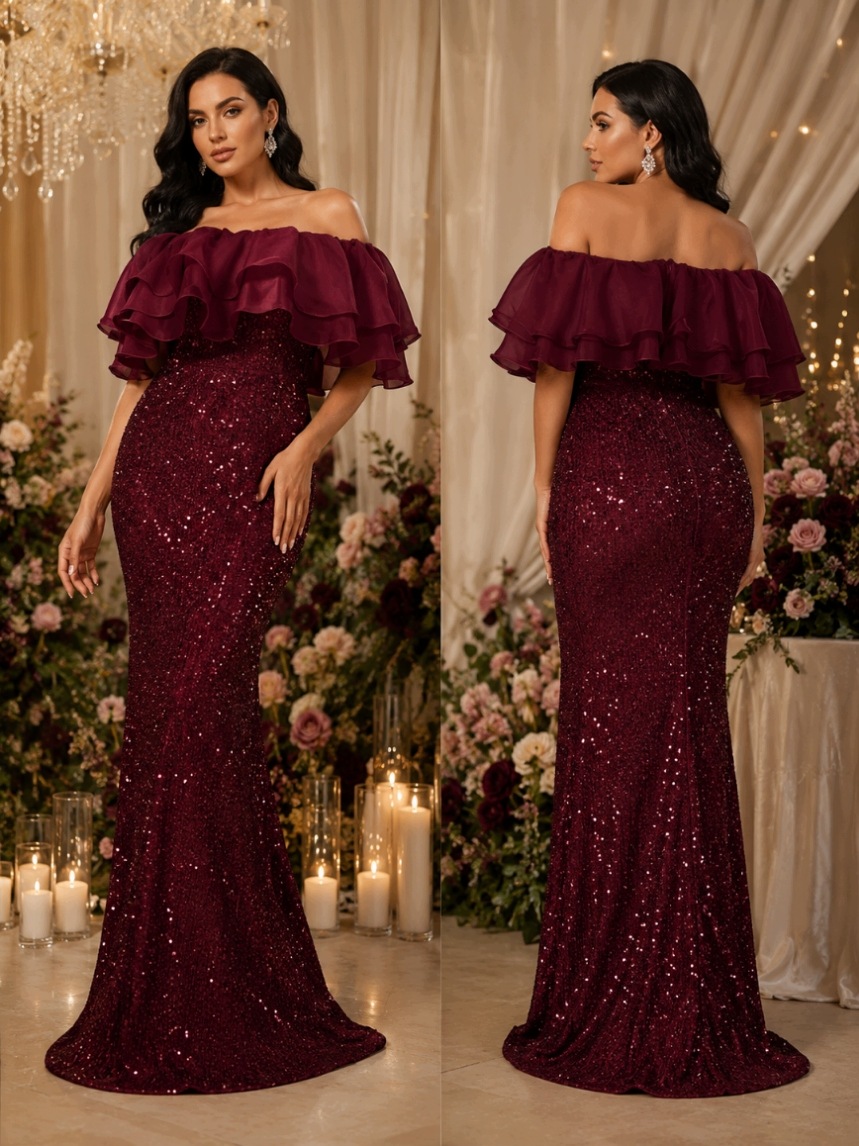 Šaty Maxi Flitrový Volán Odhalená Ramena Plus Size 48