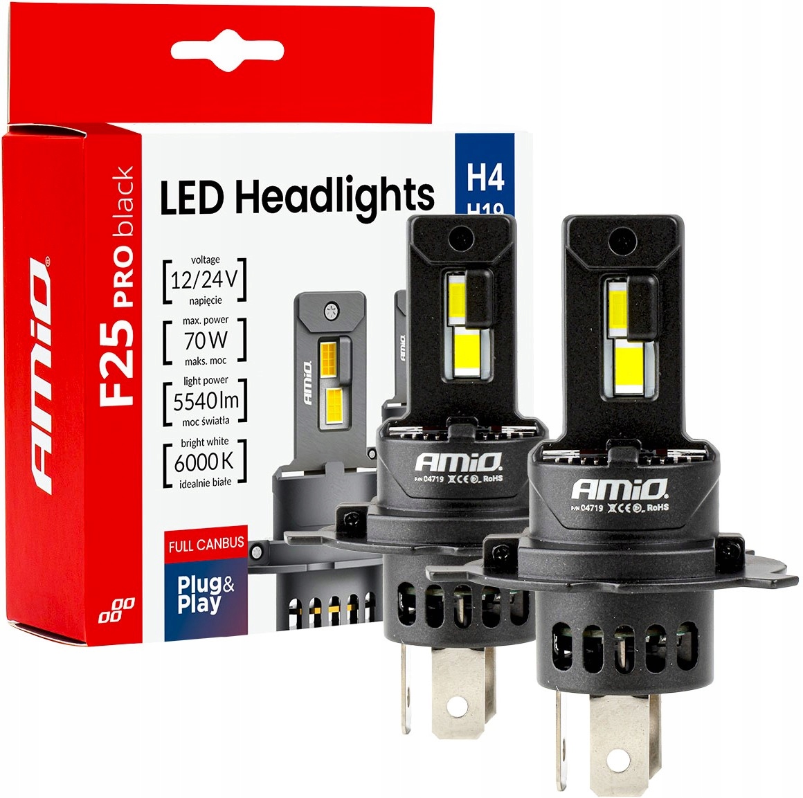 Żarówki samochodowe Led Pro Black Full Canbus H4 H19 70W 12V 24V AMIO-04719
