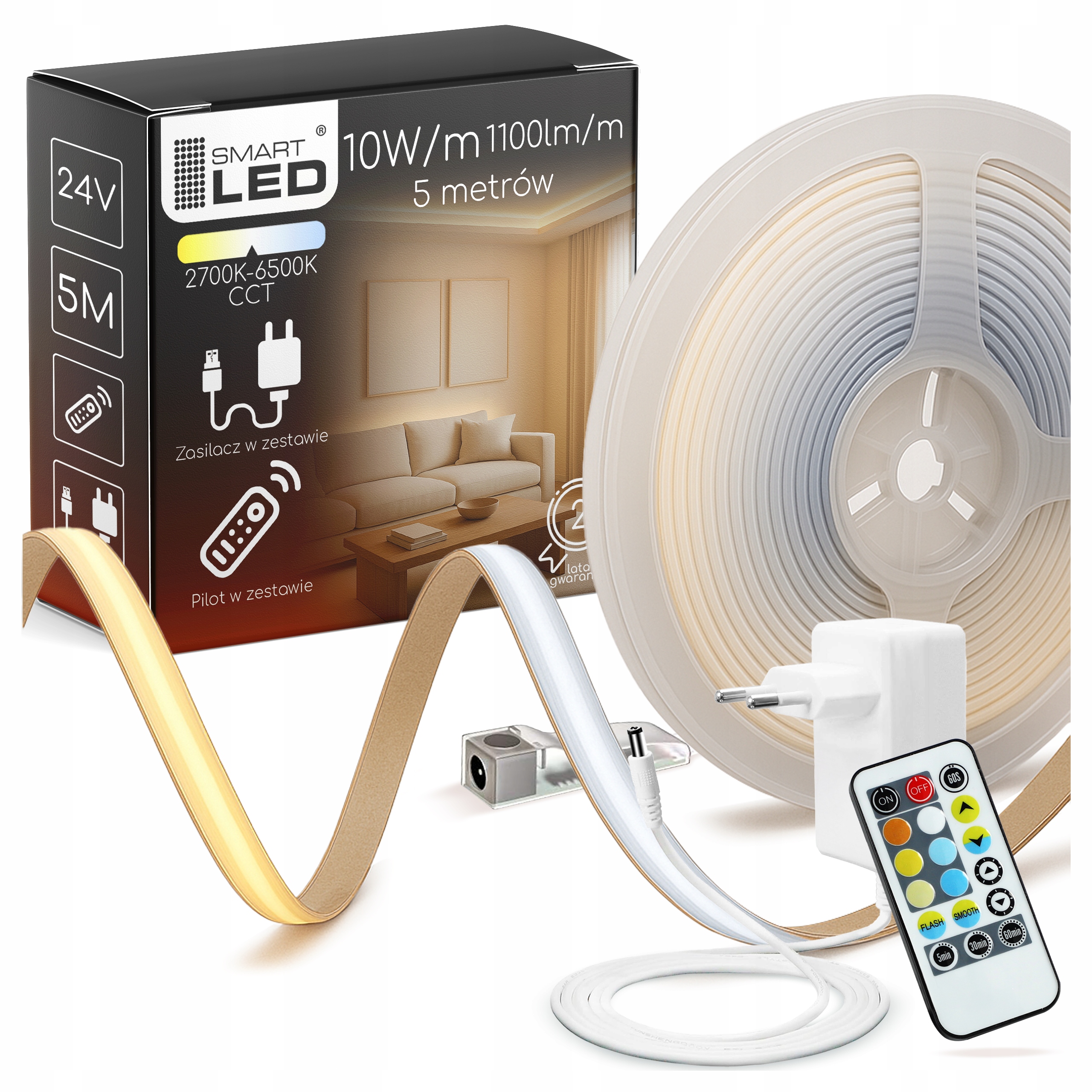 Taśma Led Cob 24V 5M Neon 1100lm/m Cct 2700-6500K Zestaw Zasilacz Pilot
