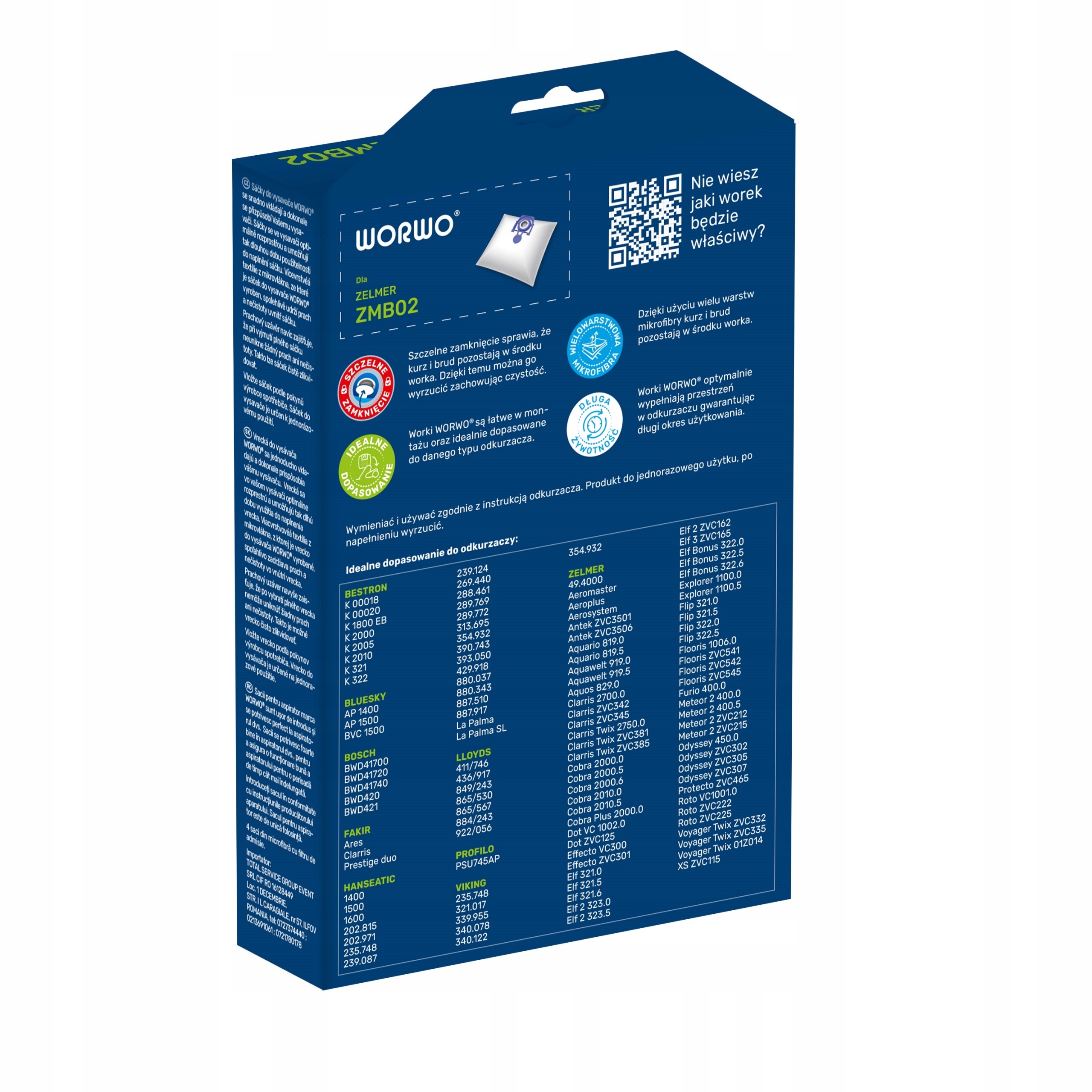 Worki do odkurzacza ZELMER Elf 3 : ZVC165EF, ZVC165EK, ZVC165YF typ ZVC100B Filtr nie