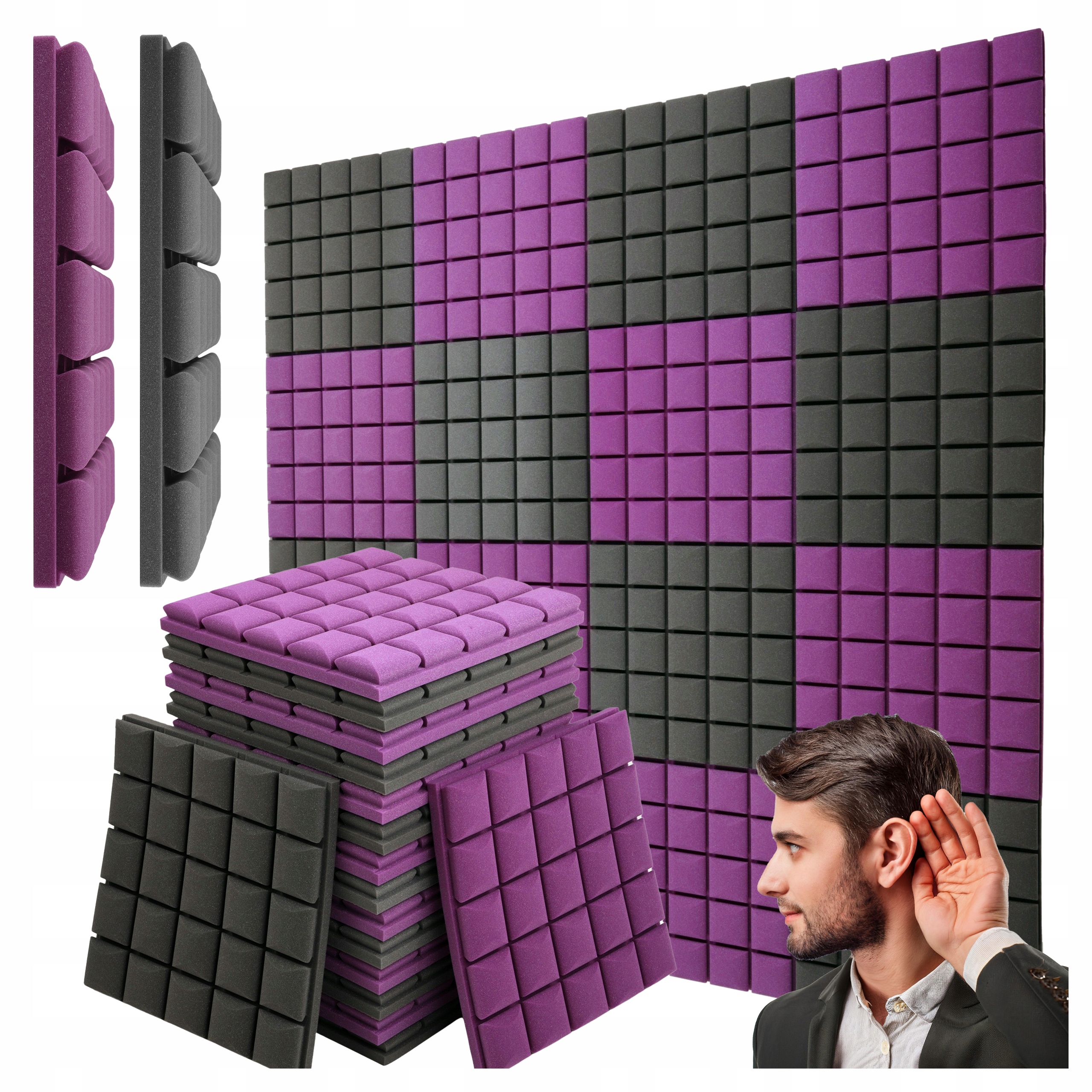 Akustická konvexná kocka Panel šedý fialový odhlučnené štúdio 4 m2