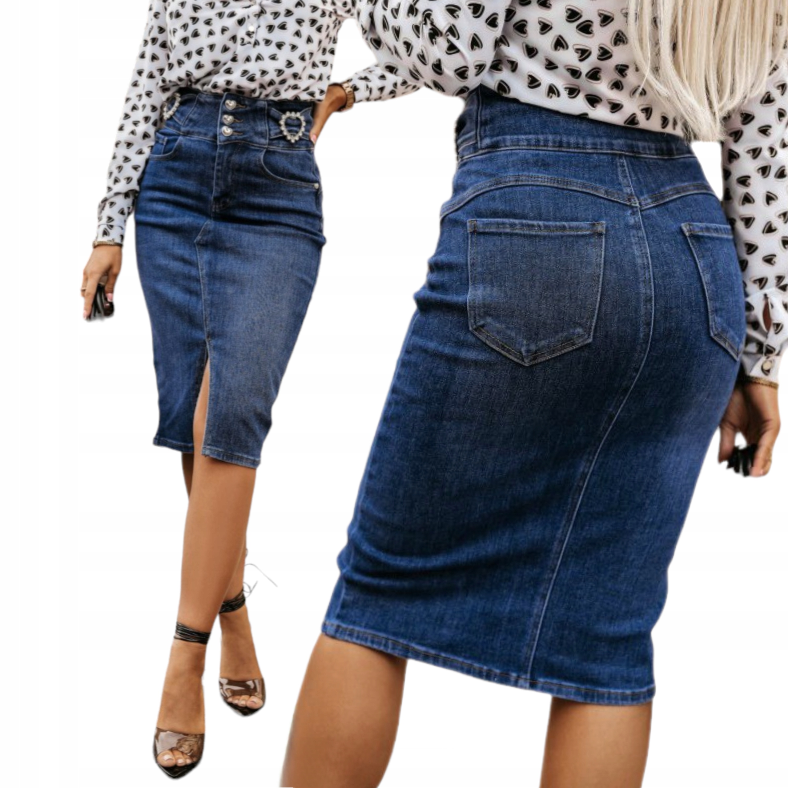 Sukně typu midi s rozparkem, zdobená zirkony srdíčky, velikost vel.