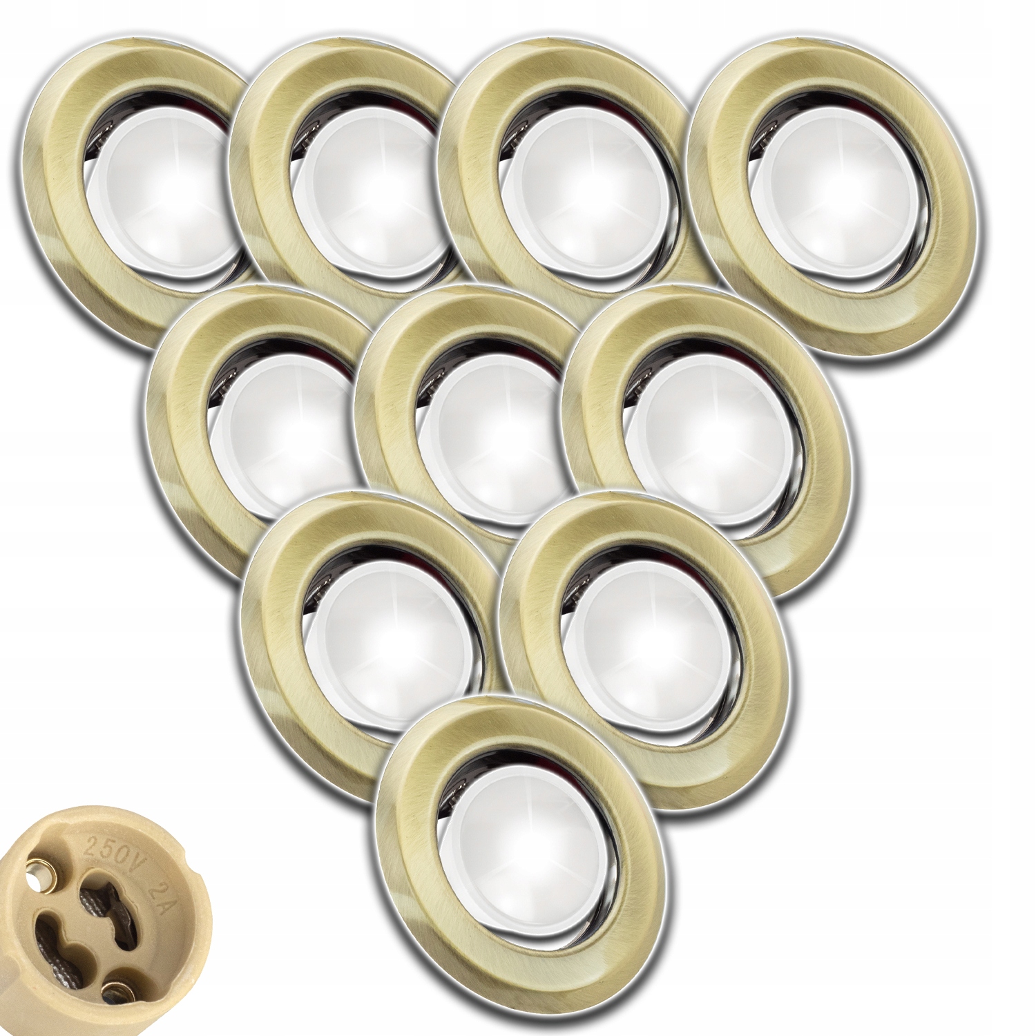 10x Stropní Objímka Kulatá Mosazná+žárovka GU10 1,5W Nw Neutrální+zásuvka