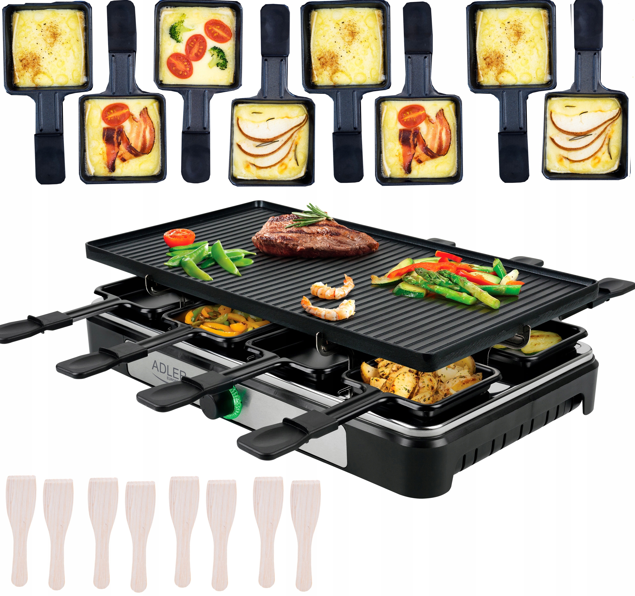 Grill Raclette Elektryczny AD 6616 1400W 8 Osób Płyta Grill + Patelenki