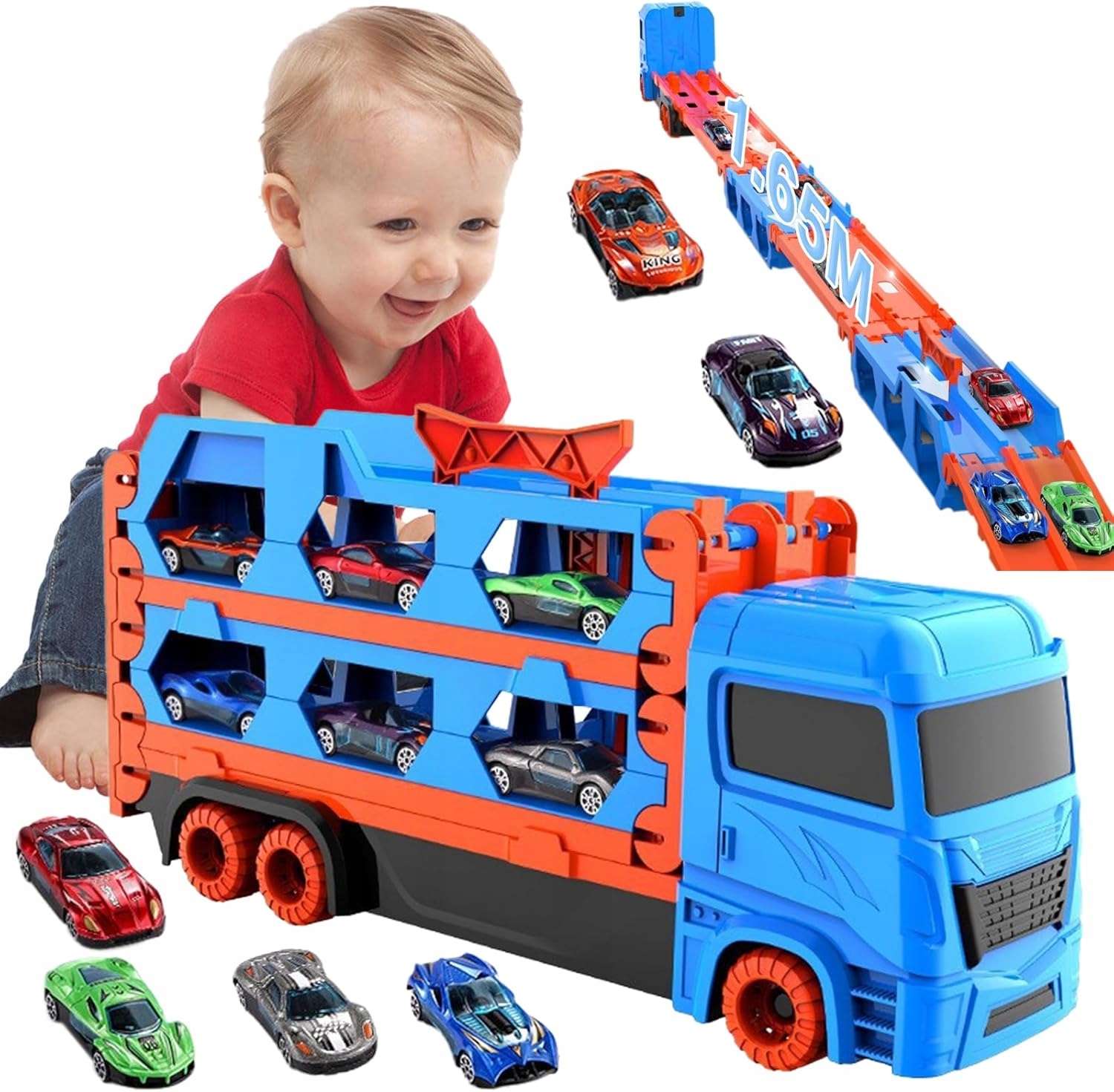 Ciężarówka auto laweta z samochodami tor wyścigowy rozkładany 1,65m zestaw