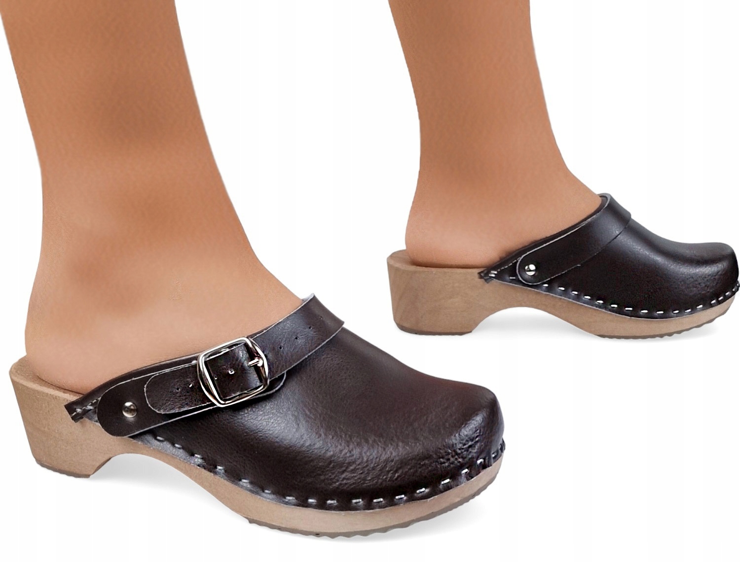 Klasyczne Pełne Chodaki Damskie Medyczne Skórzane Drewniaki BRĄZOWE *39* Rozmiar 39