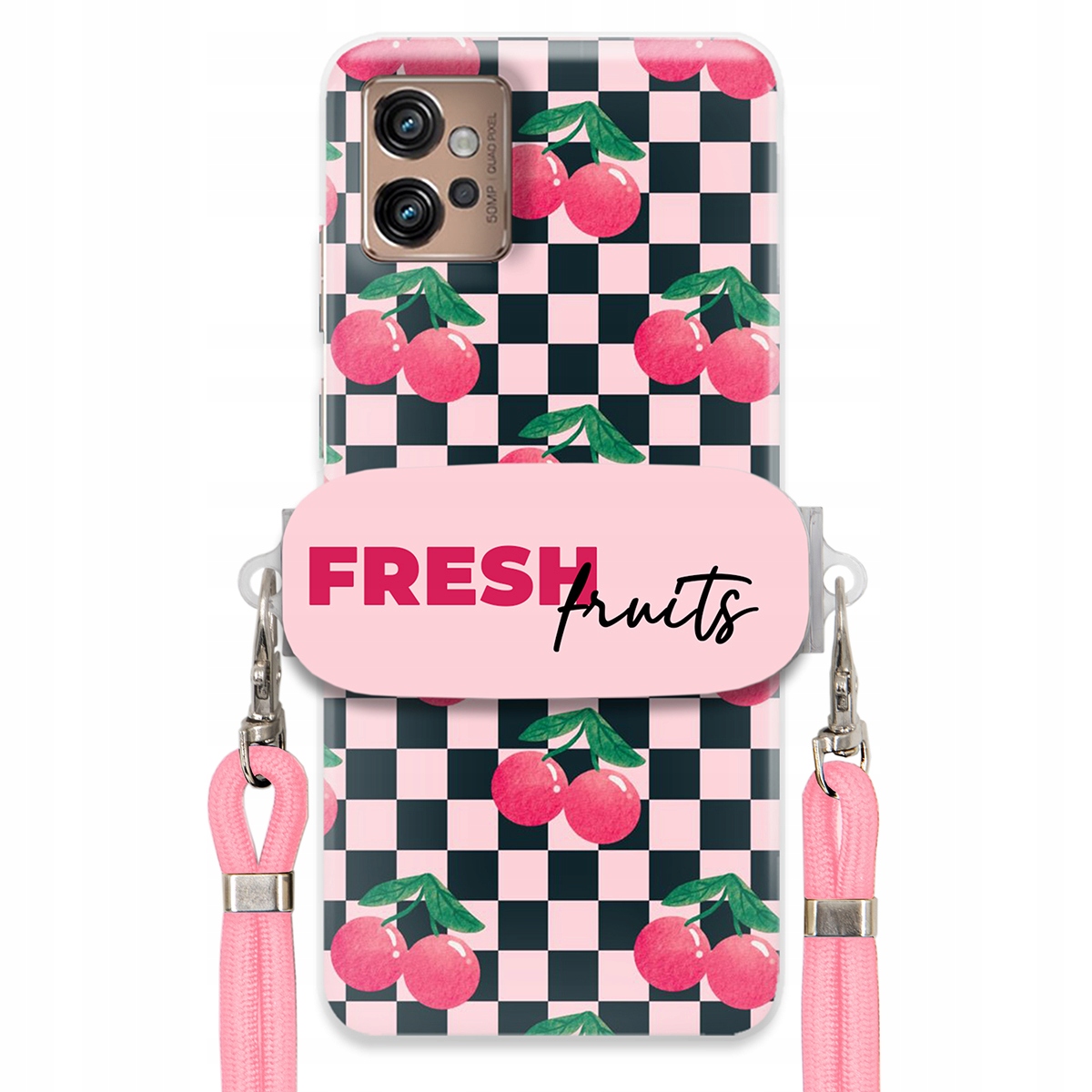 Puzdro pre Motorola G32 Vodítko Pink Crossbody Držiak Šachovnica Fresh Fruits
