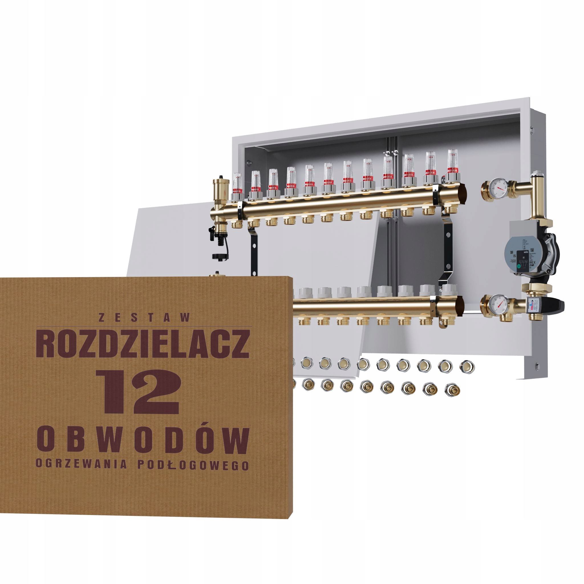 Rozdeľovač na podlahu 12 okruhov s čerpadlom Wilo podomietková skrinka Pex