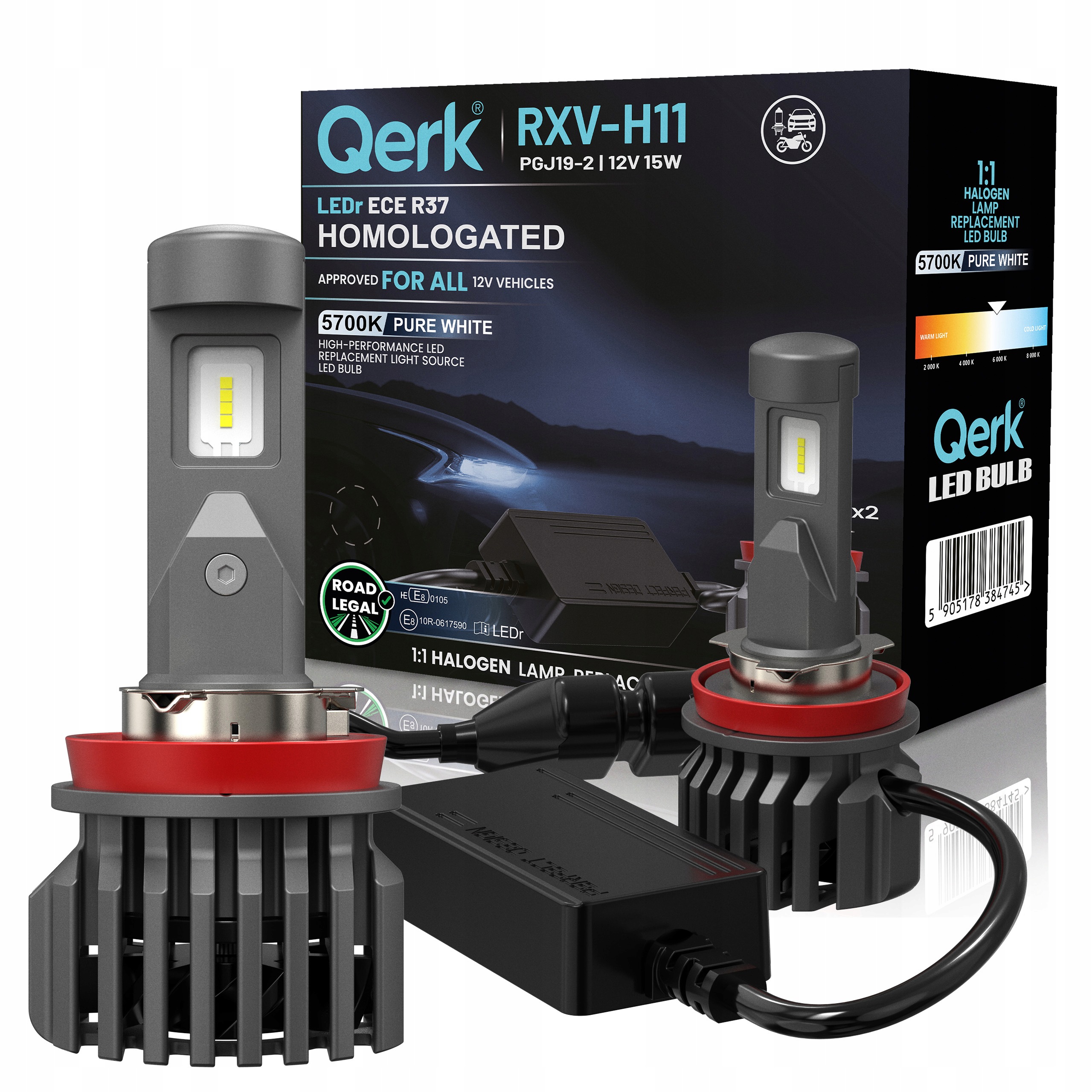 Żarówki Led H11 Qerk RXV-H11 Homologacja Drogowa LEDr R37 5700K Mocne Unece