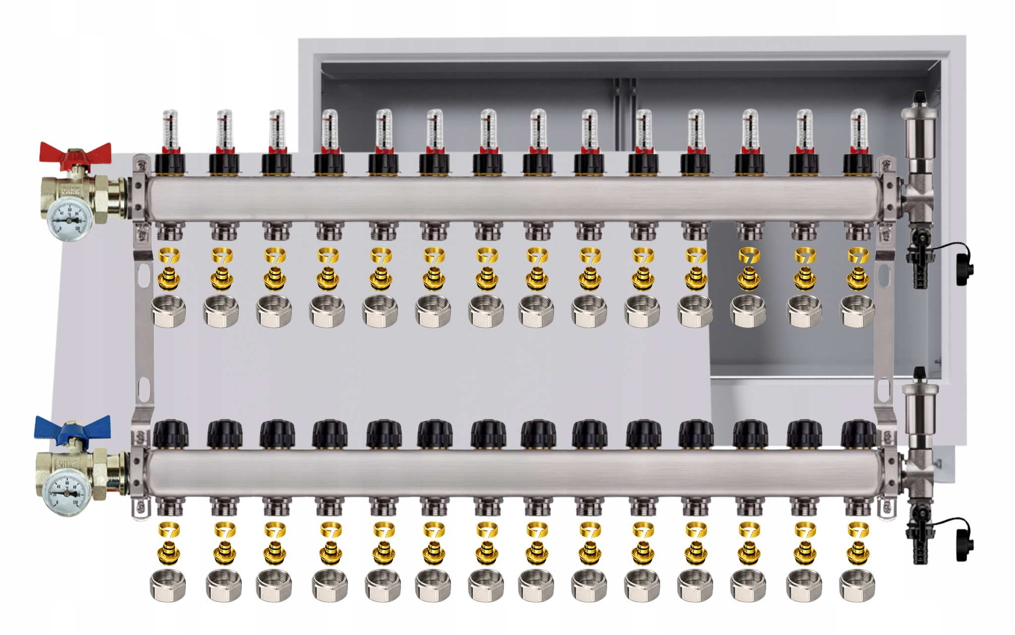 Nerezový rozdělovač podlahových krytin 14 obvodů podomítková skříňka Pex