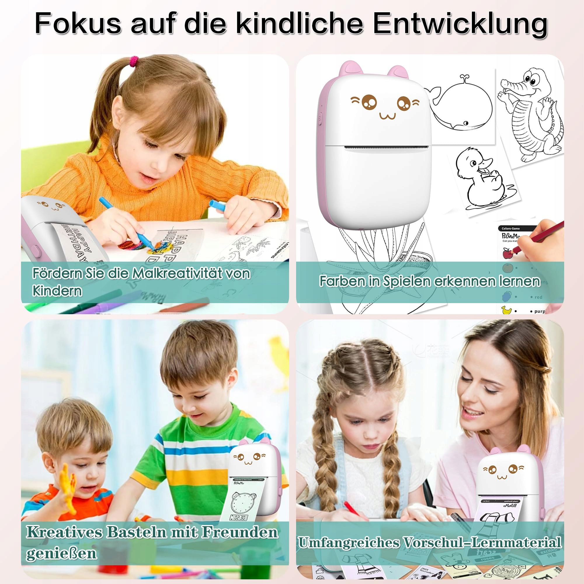 JEPEERBZ Mini Drukarka do Smartfona Termiczna Drukarka Naklejek Różowa — miniatura 6