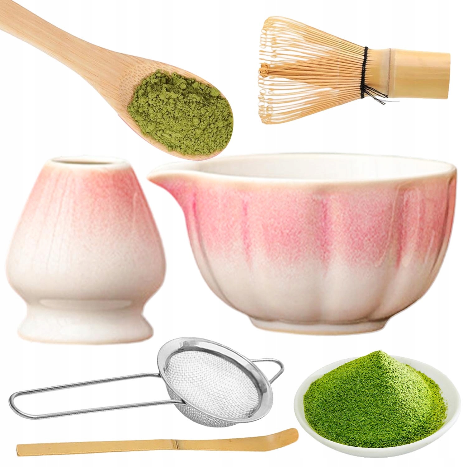Levně 5V1 Sada Na Přípravu Čaje Matcha Keramická Bílo-růžová Gradient