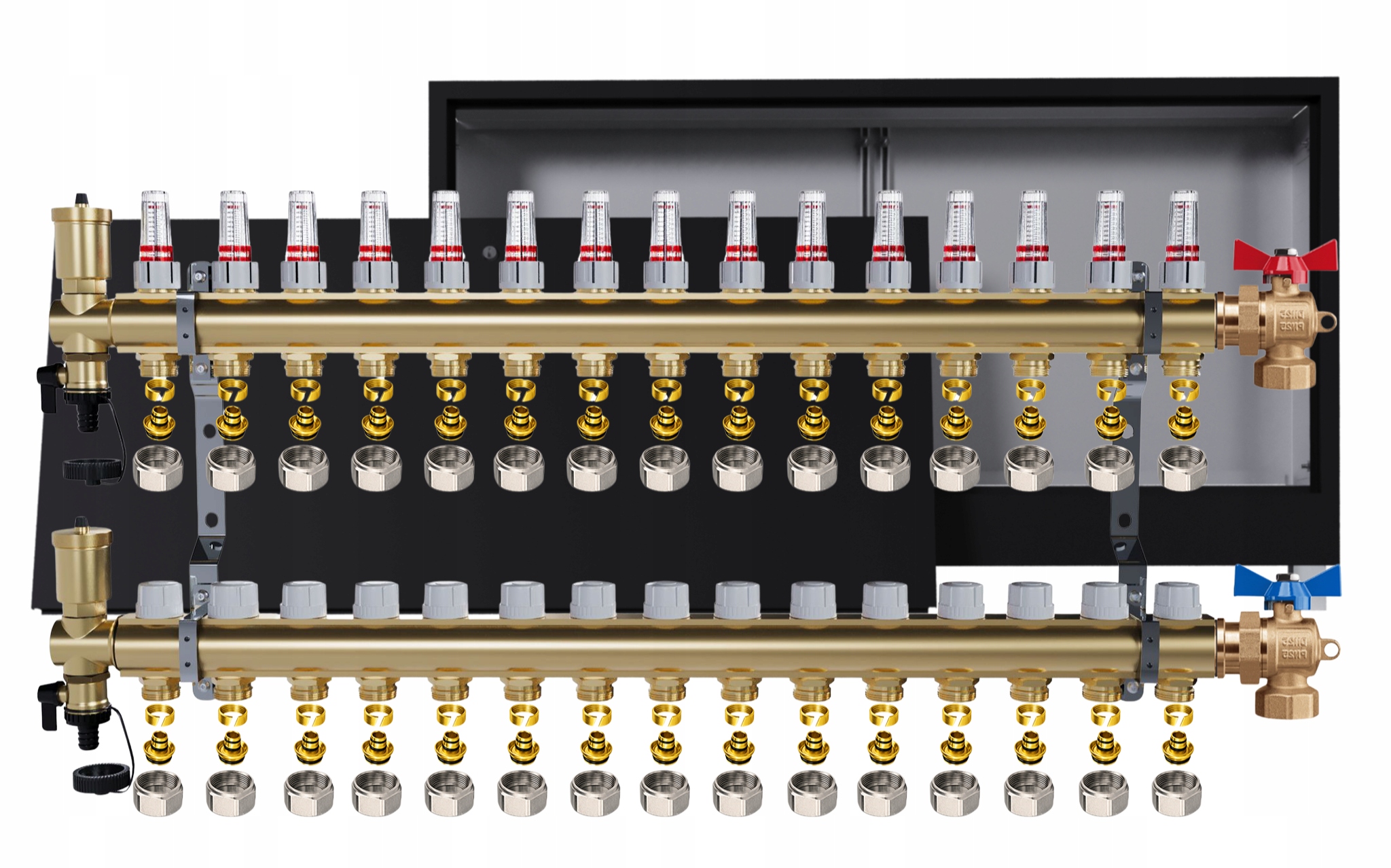 Rozdělovač podlahových krytin mosazný 15 obvodů Podomítková skříňka černá Pex