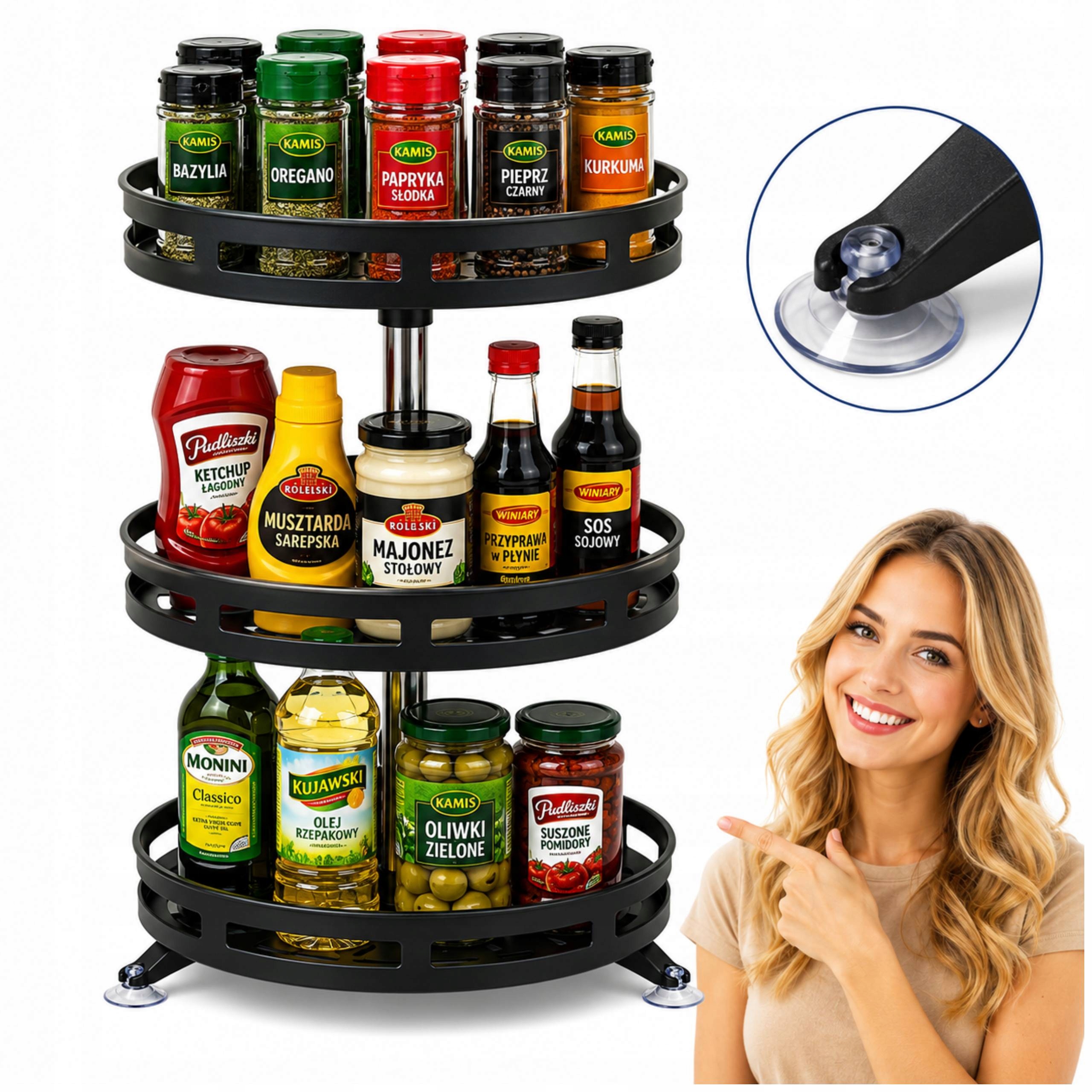 Obrotowy Stojak Na Przyprawy 360° Organizer Kuchenny Czarny Metal 3 Poziomy