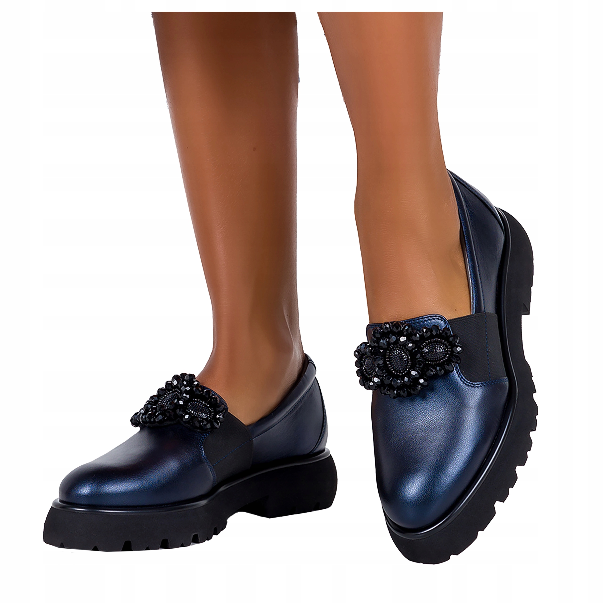 Dámské modré kožené pohodlné Polobotky s korálky, Elegantní, velikost 37