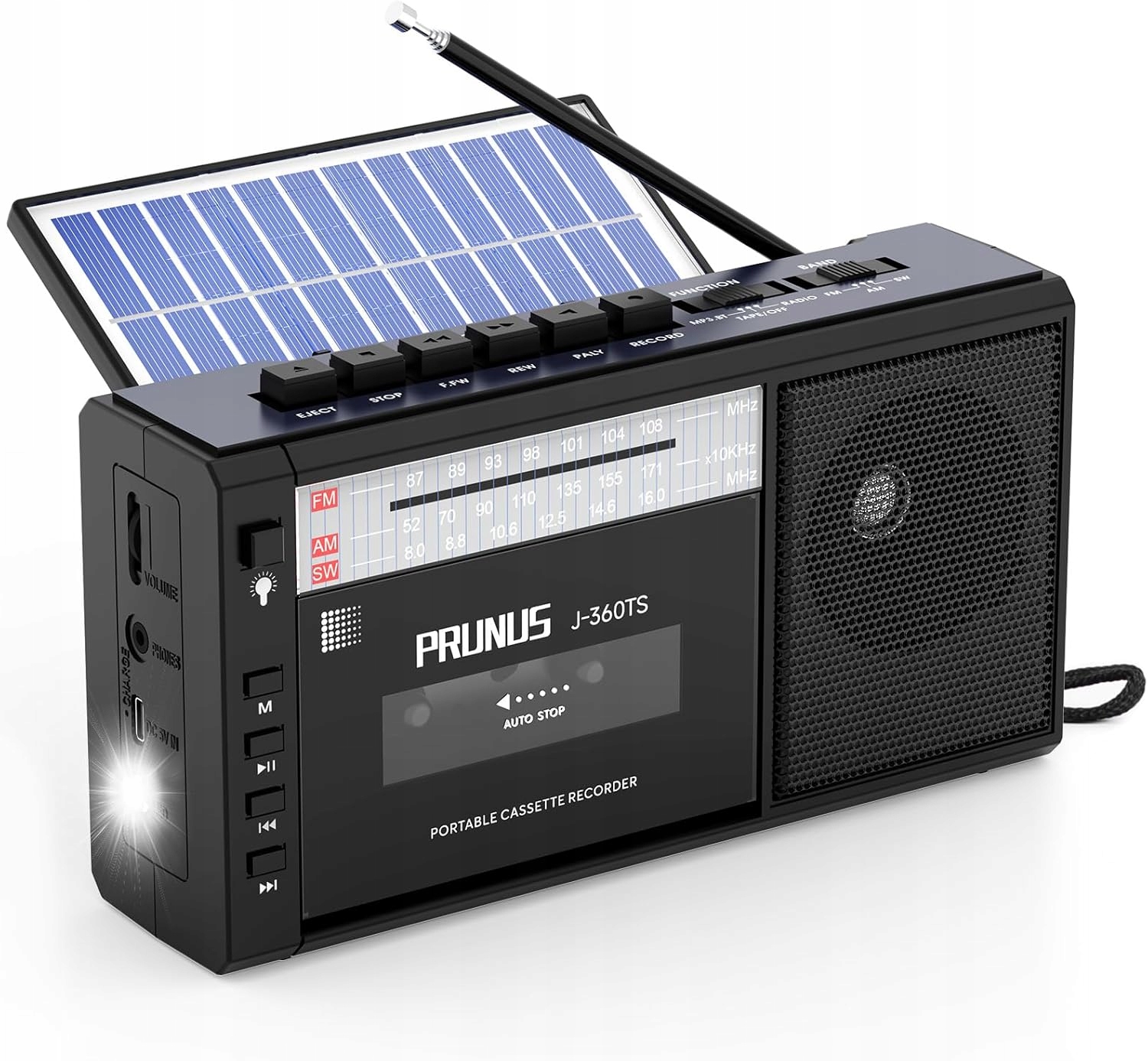Prunus J360TS kazetový magnetofon Boombox s Bluetooth, přenosné solární rádio