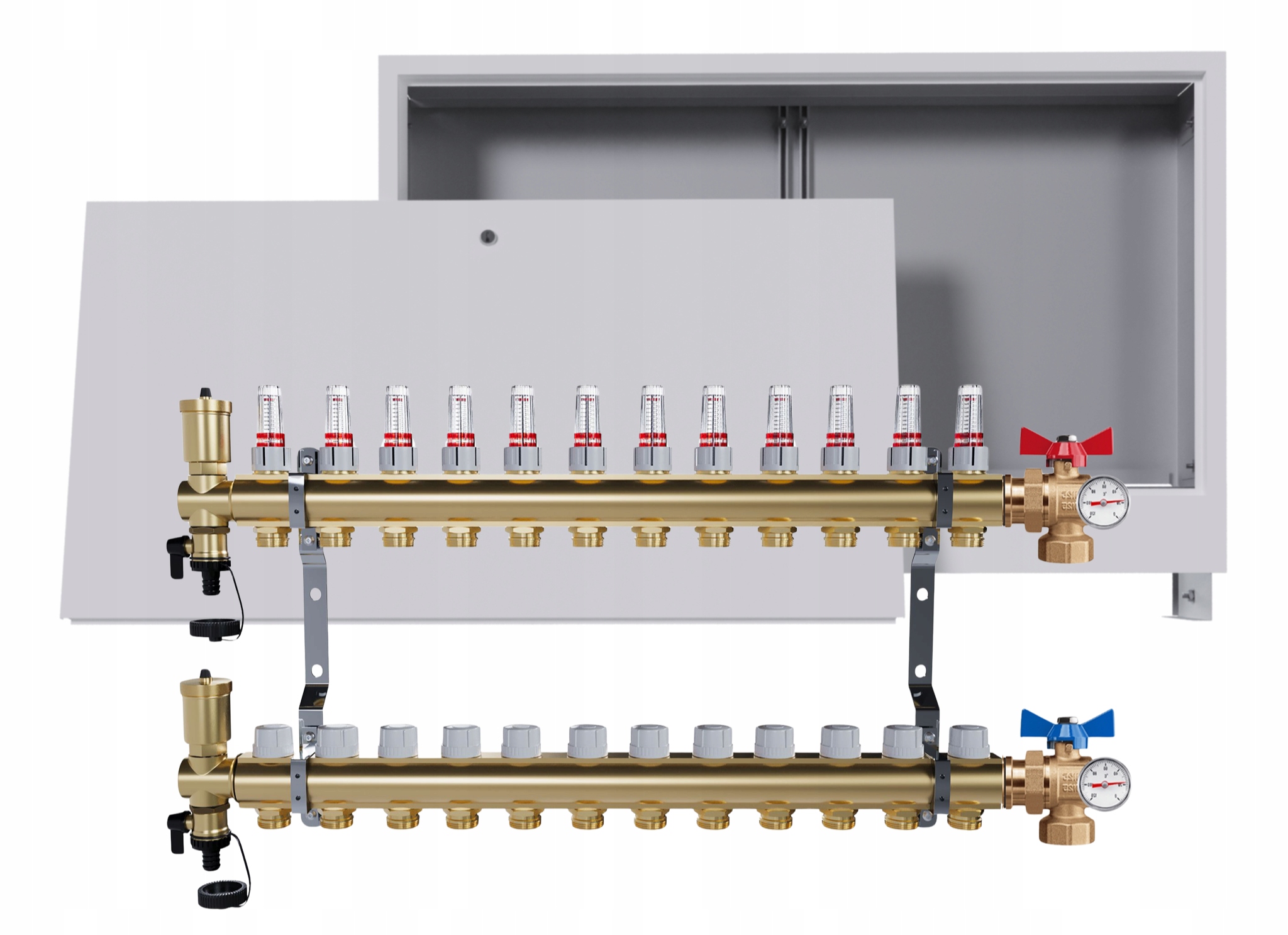 Rozdělovač Pro Podlahovou Krytinu 12 Okruhů Kulový Ventil Teploměr A Krabička