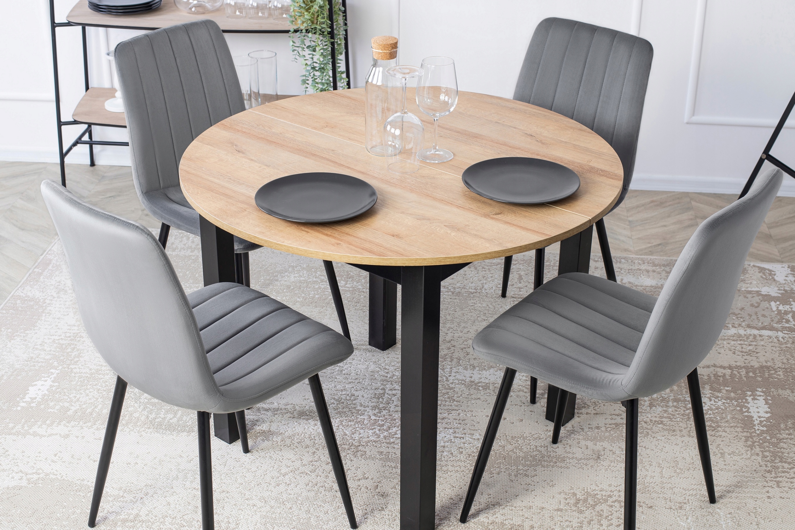 Zestaw Stół Z Krzesłami Rozkładany Okrągły Dąb Riviera Do Salonu Kuchenny Kod producenta Drewniany Rozkładany + 4 Krzesła Szare Velvet