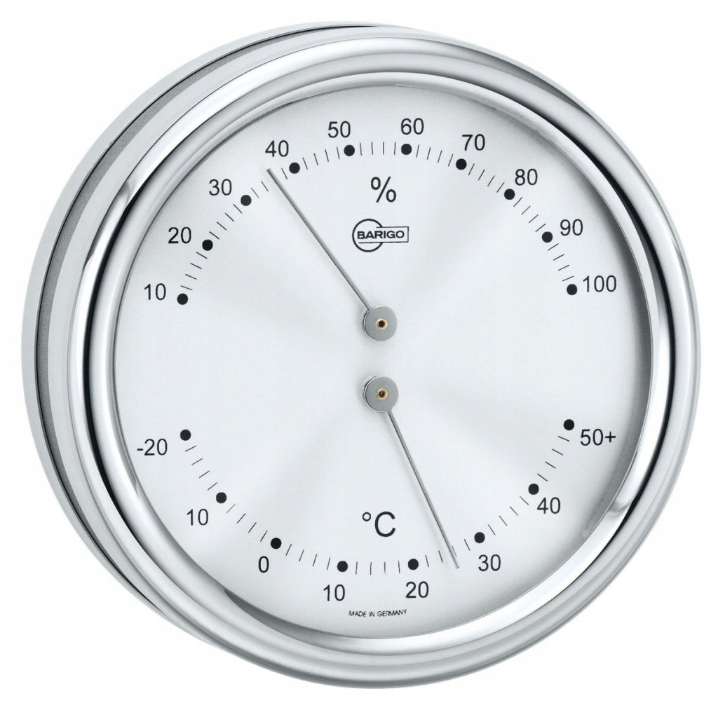 Teploměr a vlhkoměr Barigo typu Orion nerezová ocel leštěná Ø100 mm