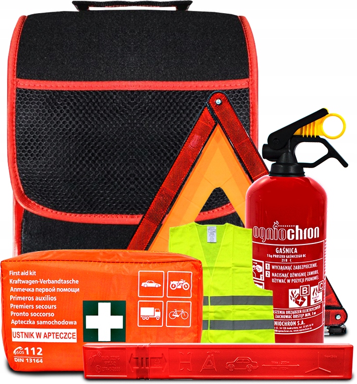 ZESTAW TRÓJKĄT SAMOCHODOWY APTECZKA DIN 13164 GAŚNICA KAMIZELKA TORBA GRUBA