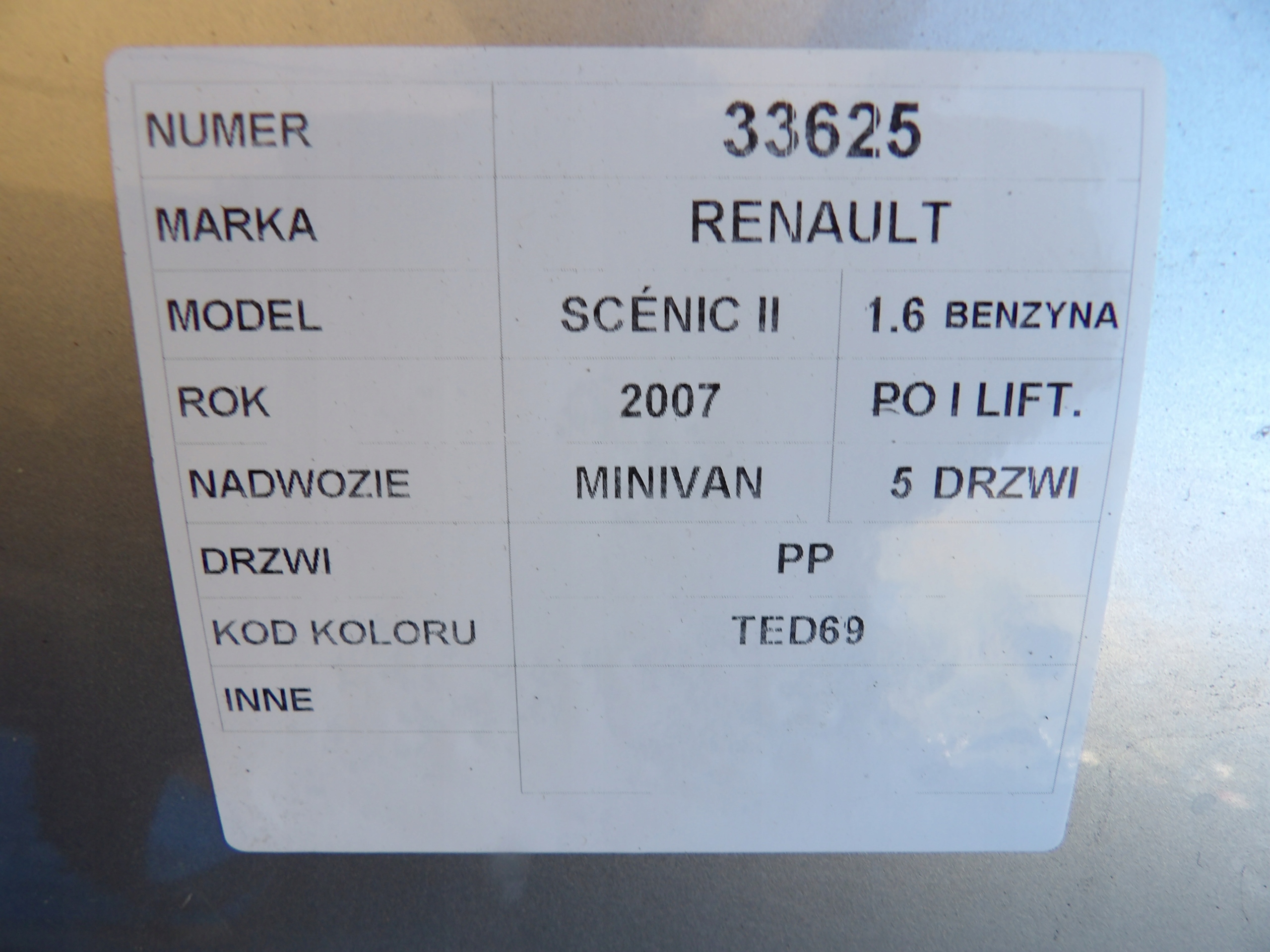 Renault Scenic II door front right lak. TED69 lift