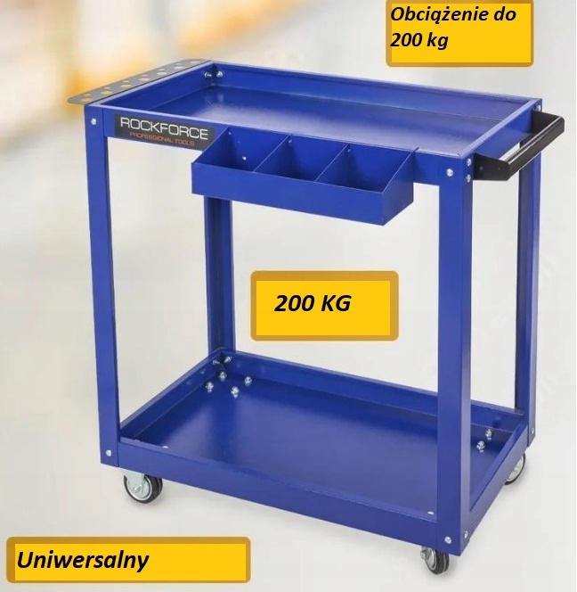 Wózek Warsztatowy Narzędziowy 2-Półkowy Z Organizerem Cechy dodatkowe dodatkowe kółka wspomagające uchwyty do prowadzenia